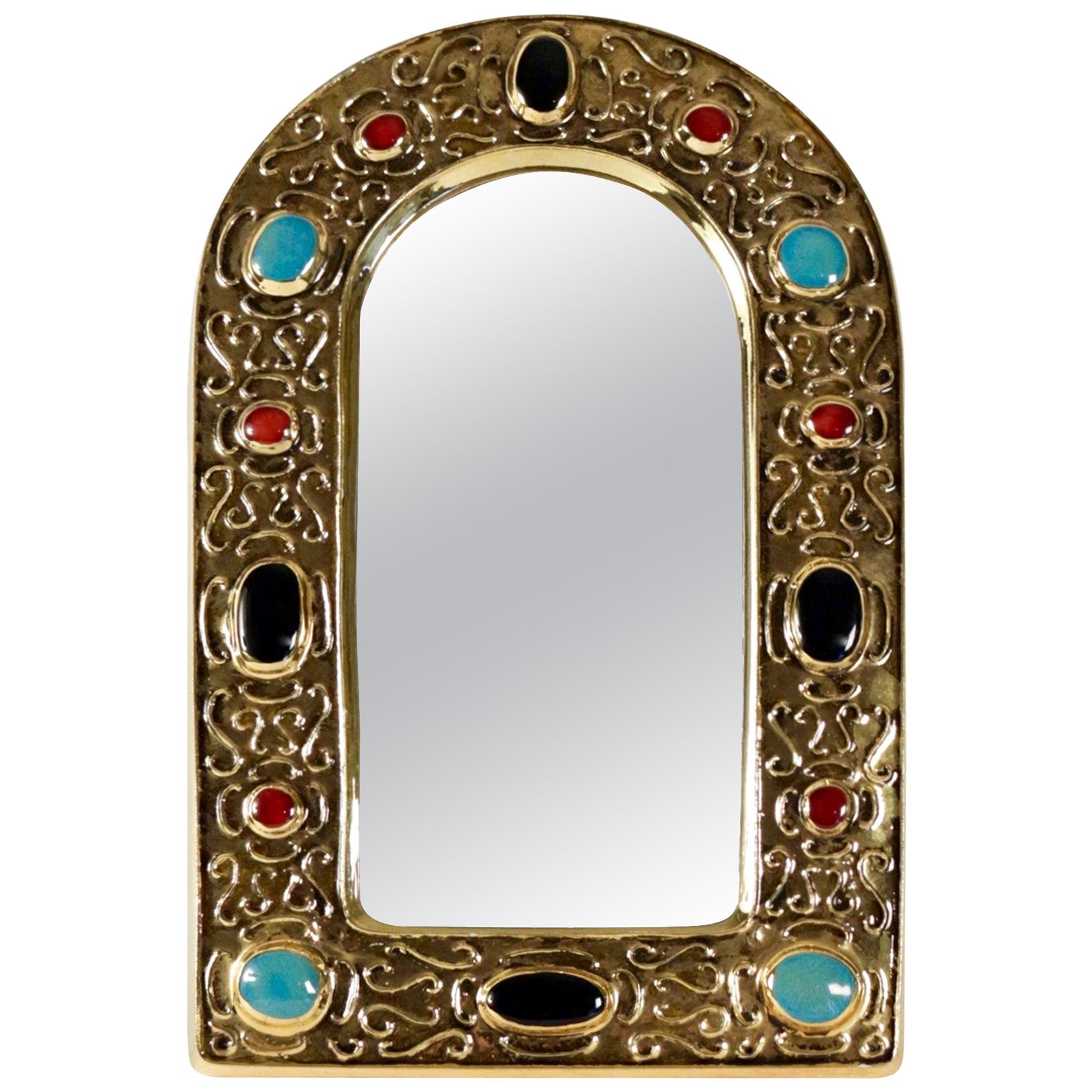 1960s Gilded Enameled Ceramic "Jewel mirror" by François Lembo