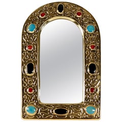 Miroir à bijoux en céramique émaillée et dorée de François Lembo des années 1960