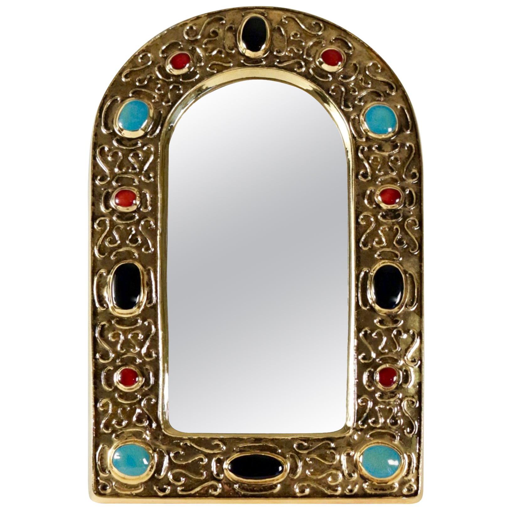 "Jewel mirror" in gilded enameled ceramic dating from the 1960s by François Lemb