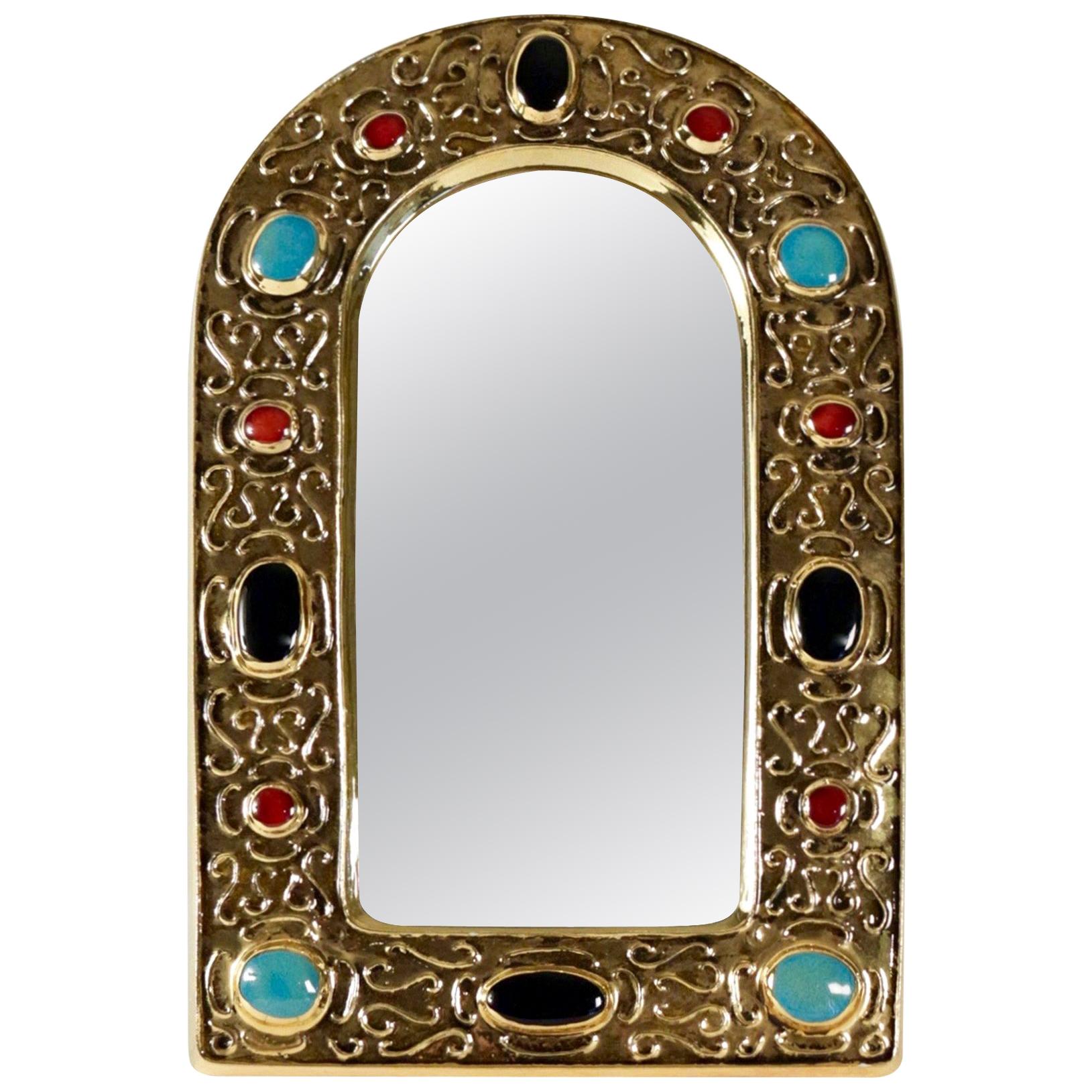 1960s Gilded Enameled Ceramic "Jewel Mirror" Signed by François Lembo