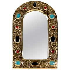 1960s Gilded Enameled Ceramic "Jewel Mirror" Signed by François Lembo