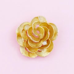 1960s Gilded Rose Flower Figural Brooch w Crystal Accent By Marcel Boucher