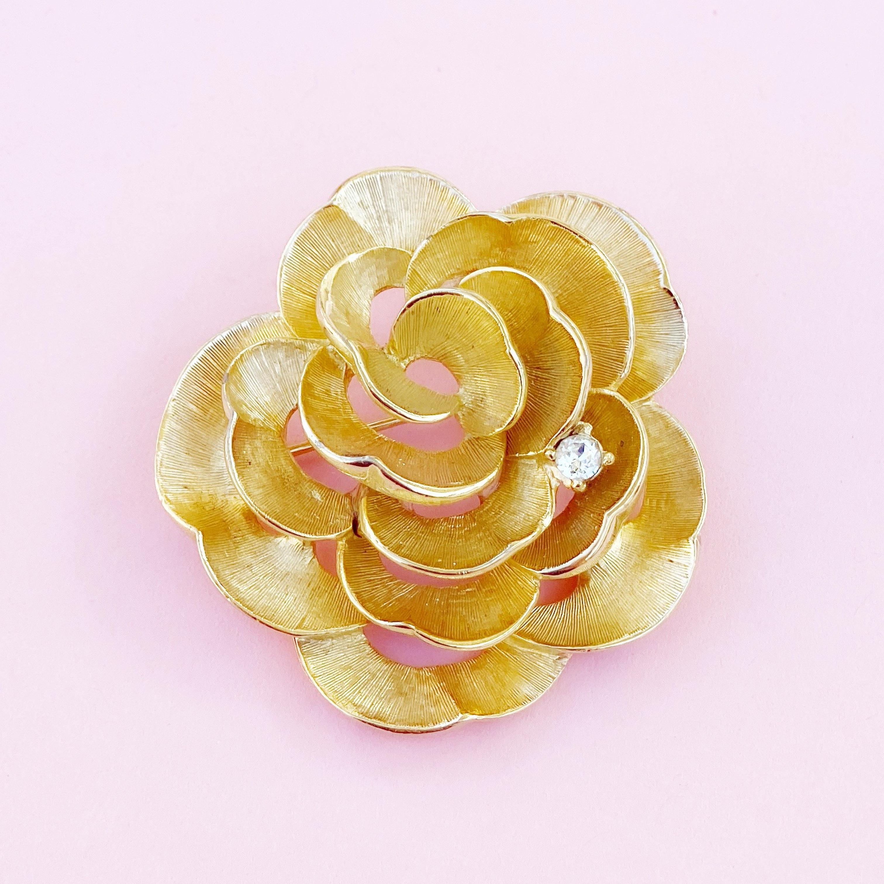 Modern 1960s Gilded Rose Flower Figural Brooch w Crystal Accent By Marcel Boucher