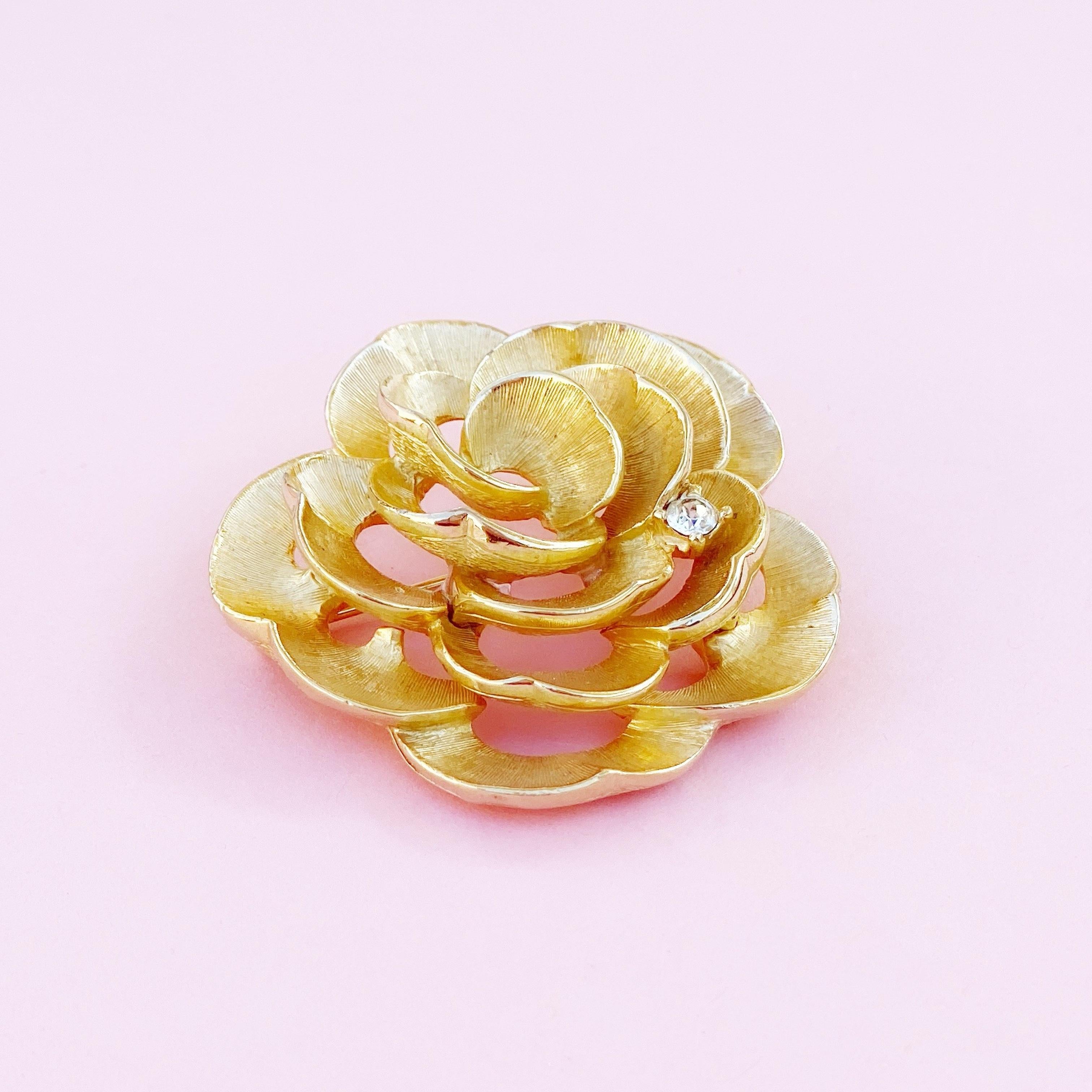 1960s Gilded Rose Flower Figural Brooch w Crystal Accent By Marcel Boucher In Good Condition In McKinney, TX