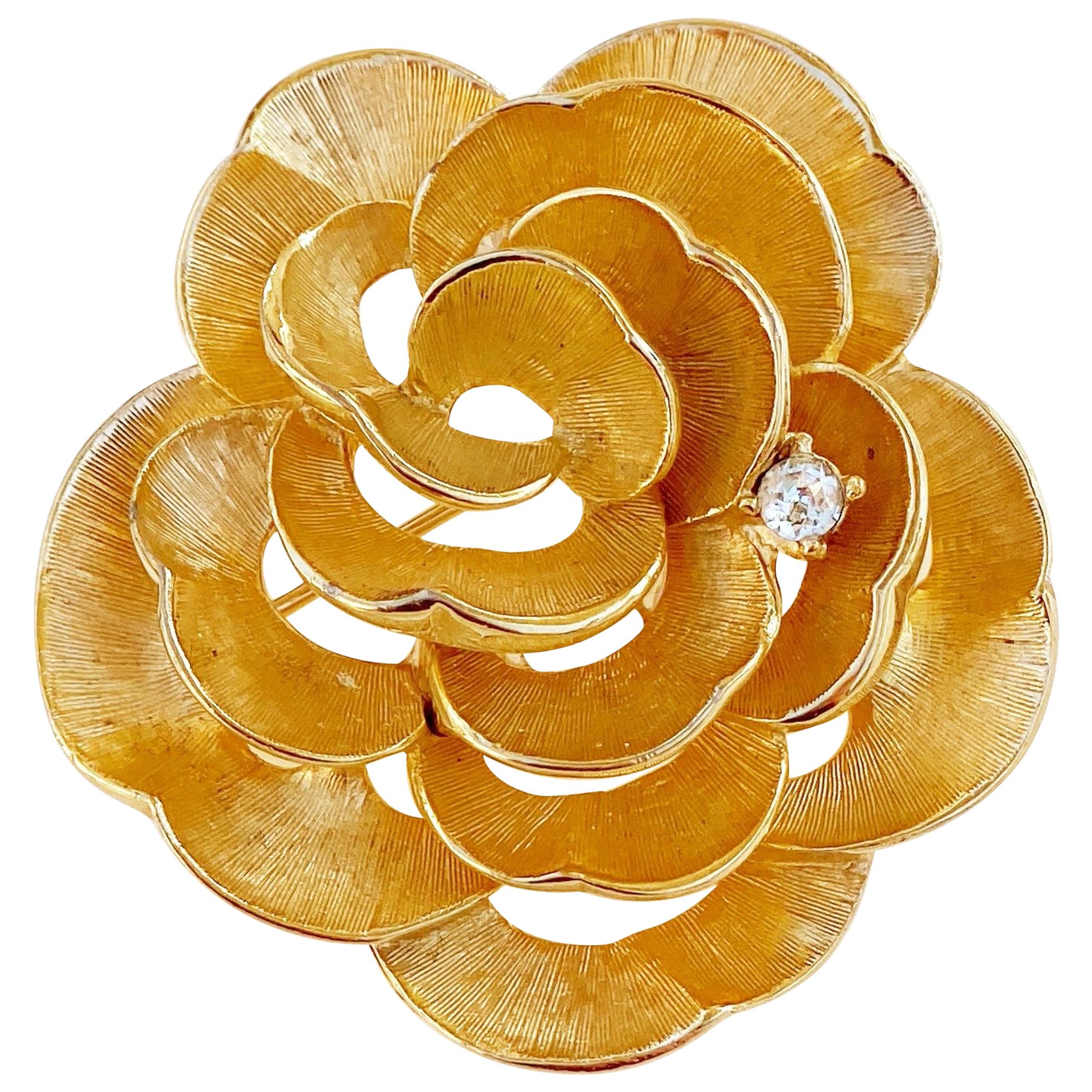 1960s Gilded Rose Flower Figural Brooch w Crystal Accent By Marcel Boucher