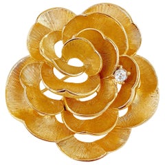 1960s Gilded Rose Flower Figural Brooch w Crystal Accent By Marcel Boucher