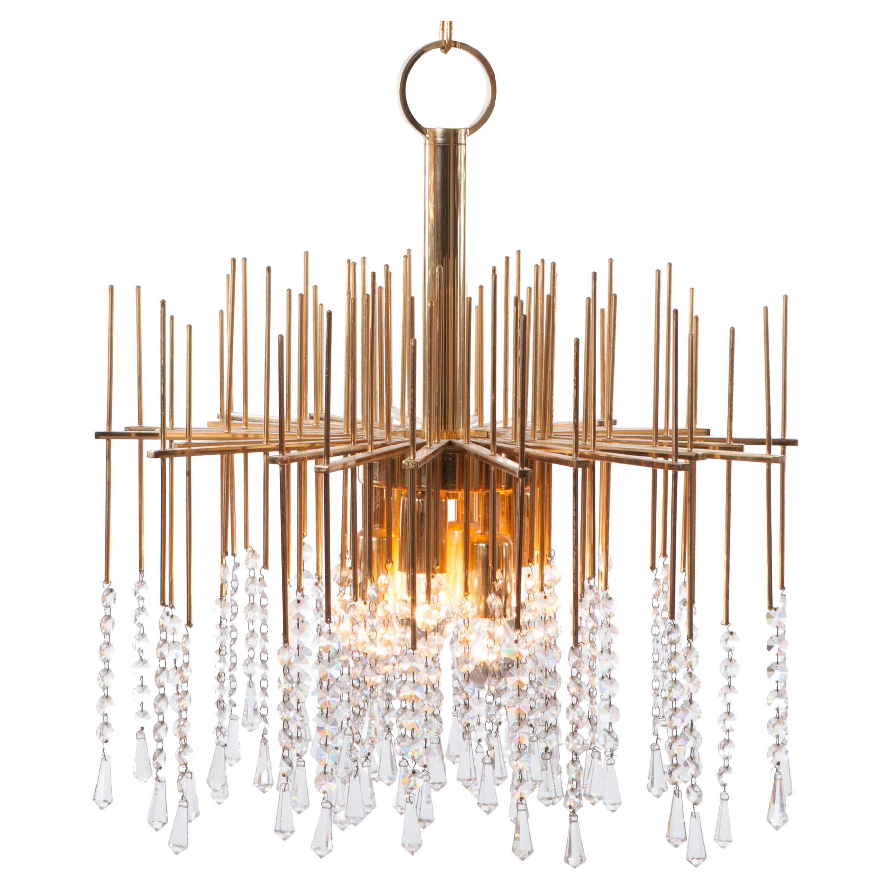 1960s Gilt Brass and Crystal Chandelier Light Attributed to Palwa
