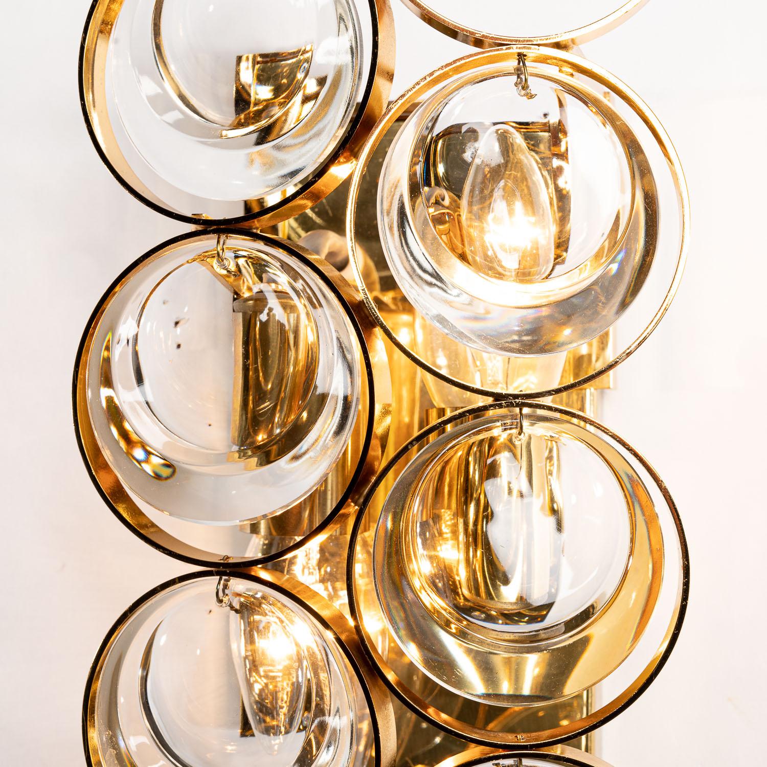 1960s Gilt Brass and Round Shaped Glass Sconces by Palwa For Sale 2