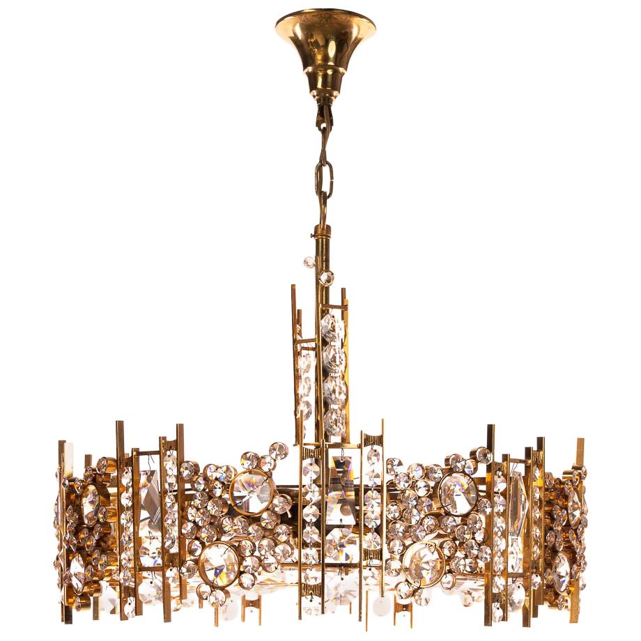 1960s Gilt Brass and Crystal Glass Chandelier by Palwa For Sale