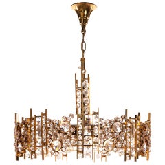 Vintage 1960s Gilt Brass and Crystal Glass Chandelier by Palwa