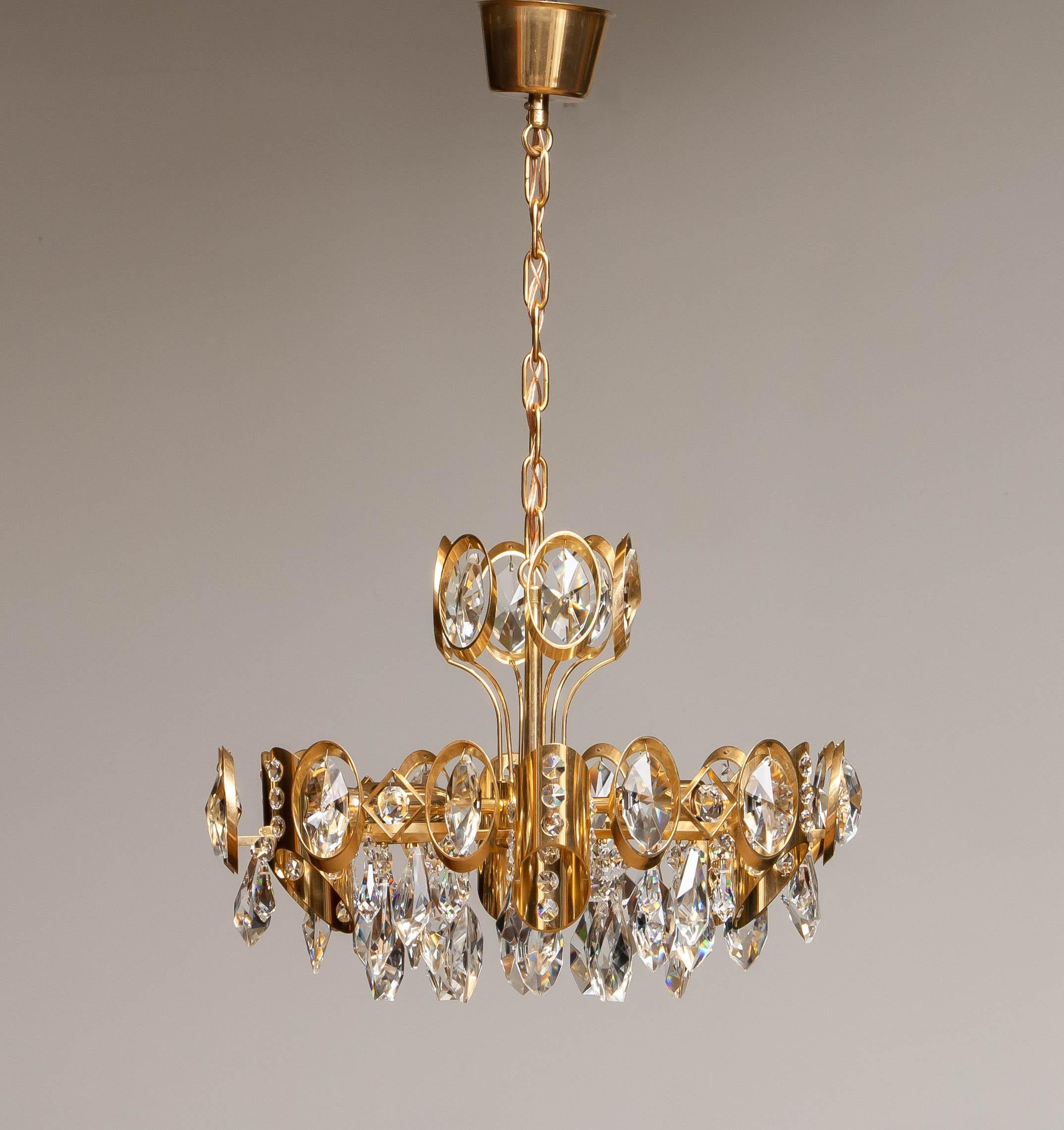 1960's Gilt Brass Filled with Large Faceted Crystals Chandelier by Ernest Palme For Sale 1
