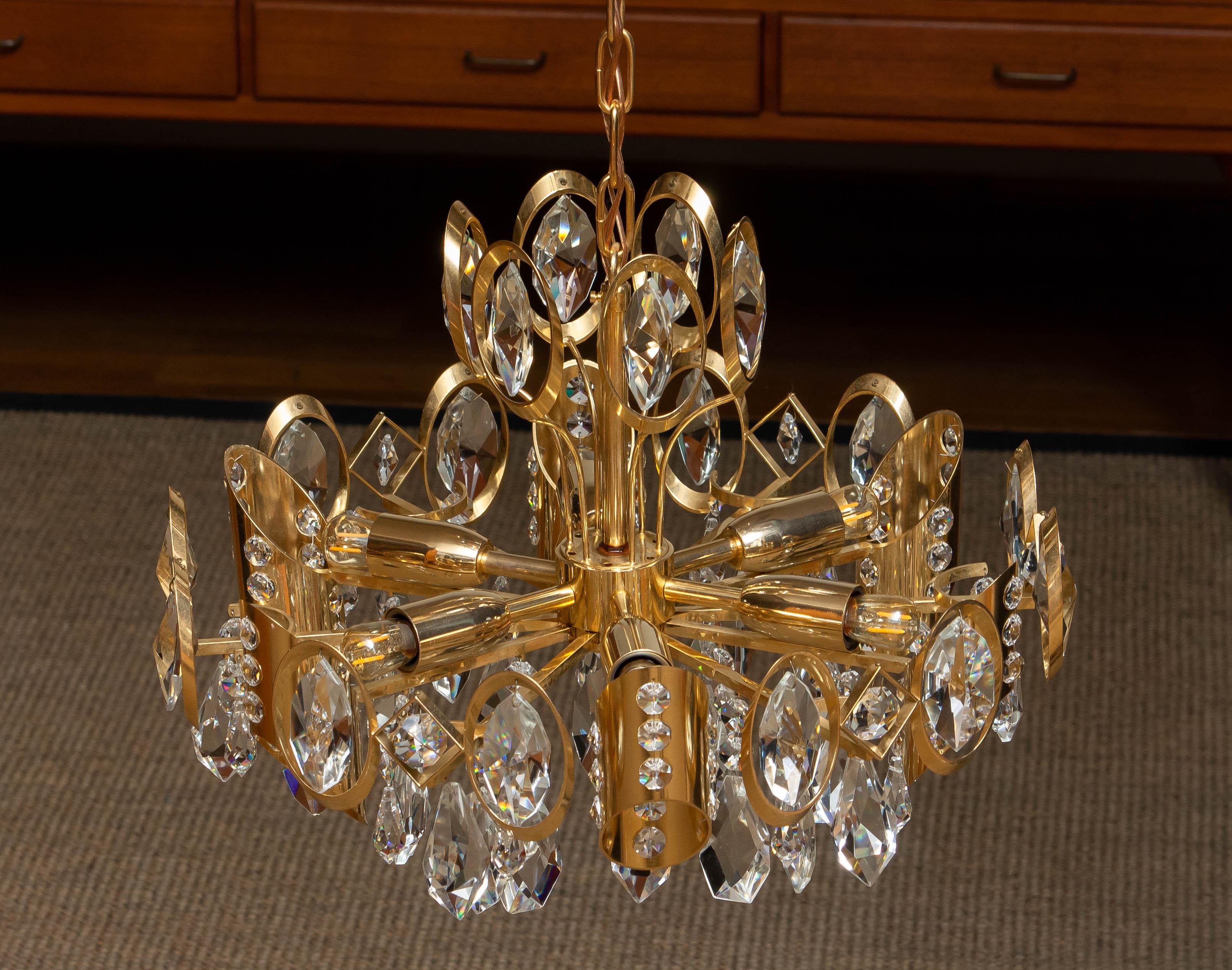 1960's Gilt Brass Filled with Large Faceted Crystals Chandelier by Ernest Palme For Sale 2