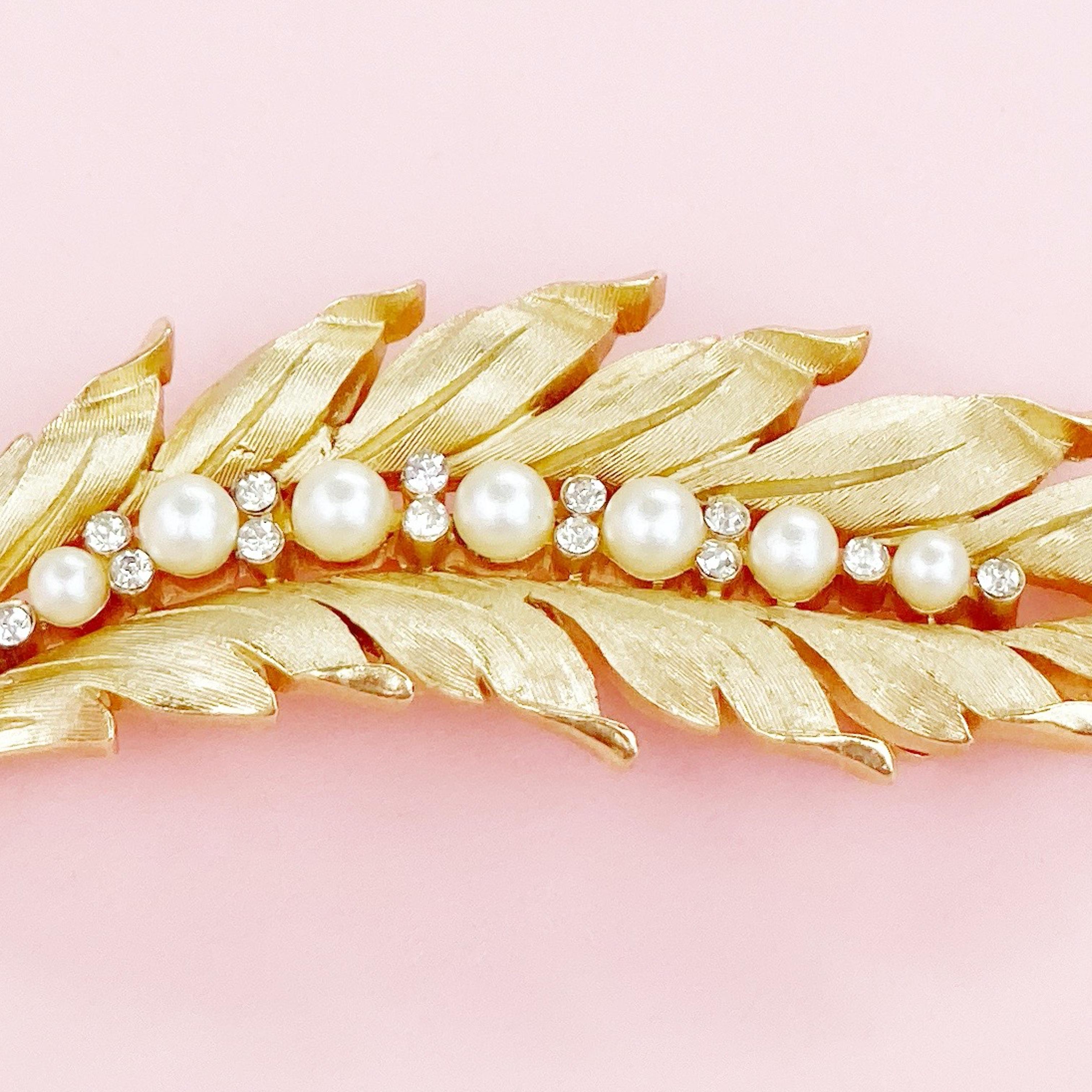 1960s Gilt Figural Brushed Leaf Brooch w Pearls & Crystal Rhinestones By Trifari 1