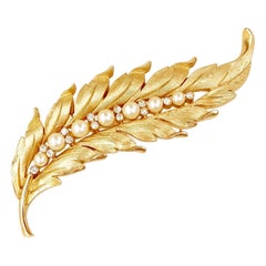 Vintage 1960s Gilt Figural Brushed Leaf Brooch w Pearls & Crystal Rhinestones By Trifari