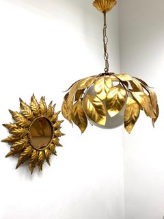 1960s Gilt Leaf Flower Tole Pendant Milk Glass Ball Hollywood Regency Style