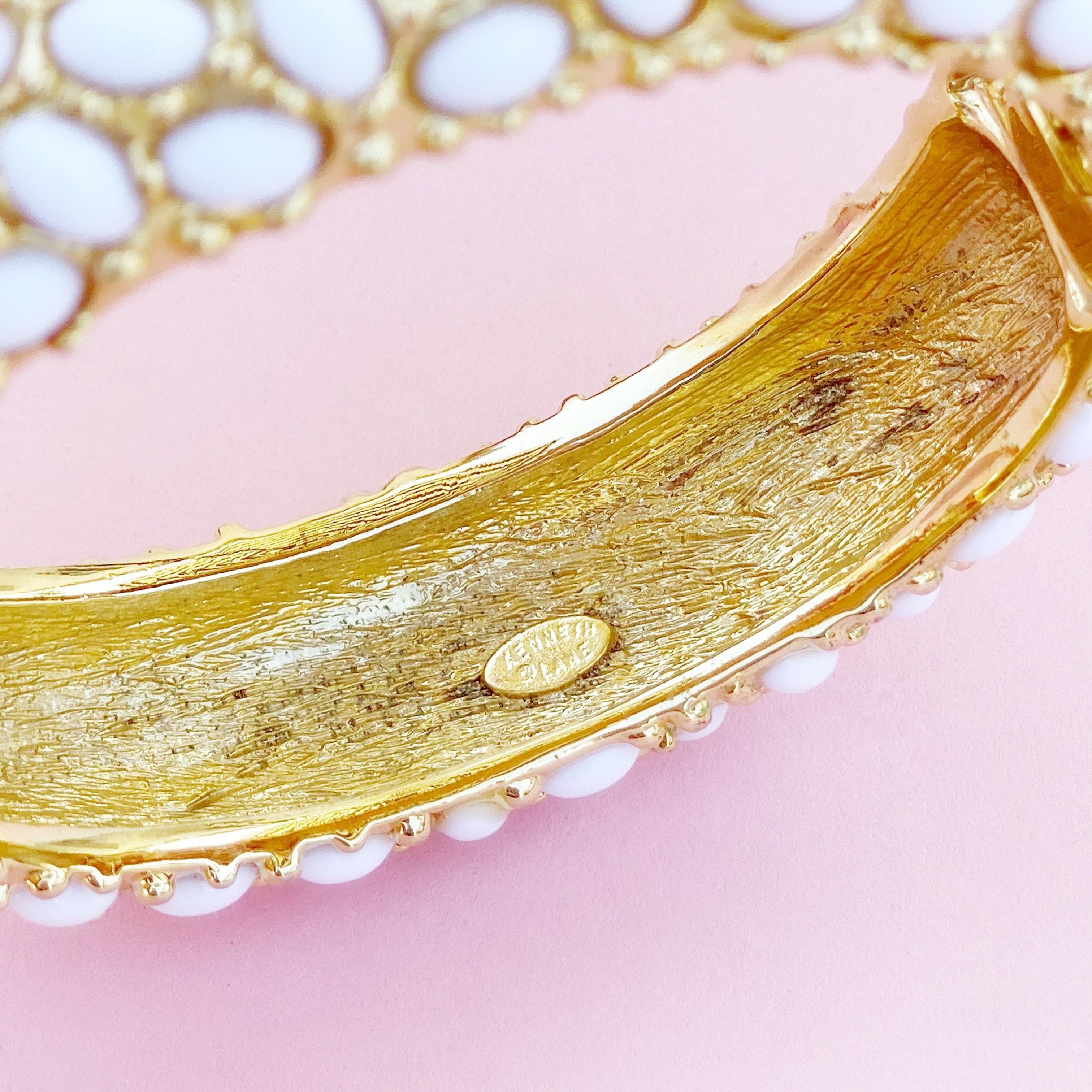 1960s Gilt & Milk Glass Cabochon Hinged Bangle Bracelet By Kenneth Jay Lane In Good Condition In McKinney, TX