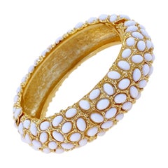 1960s Gilt & Milk Glass Cabochon Hinged Bangle Bracelet By Kenneth Jay Lane