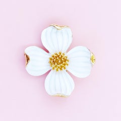 1960s Gilt & White Enamel Dogwood Flower Figural Brooch By Crown Trifari