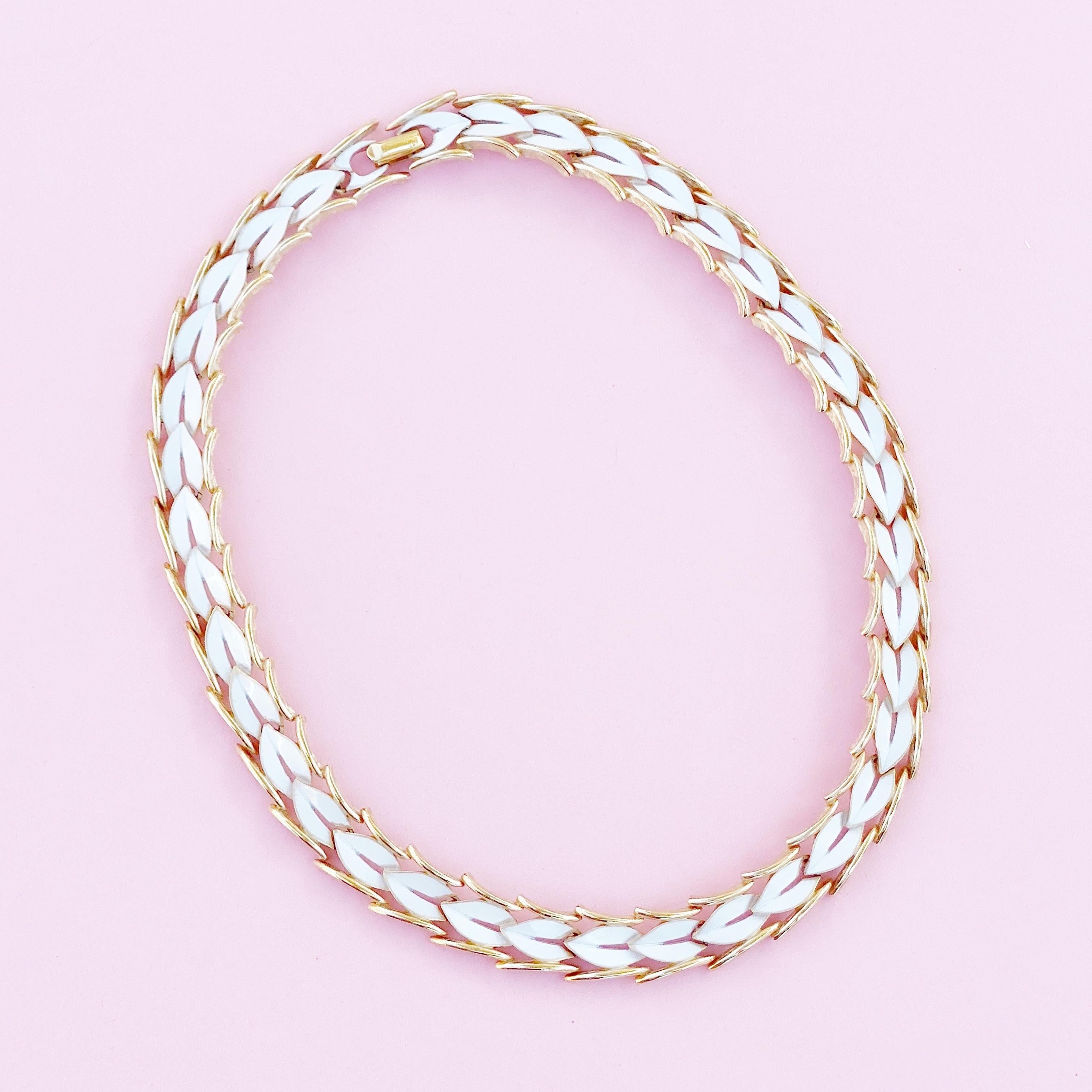 Modern 1960s Gilt & White Enamel Linked Leaves Choker Necklace By Crown Trifari