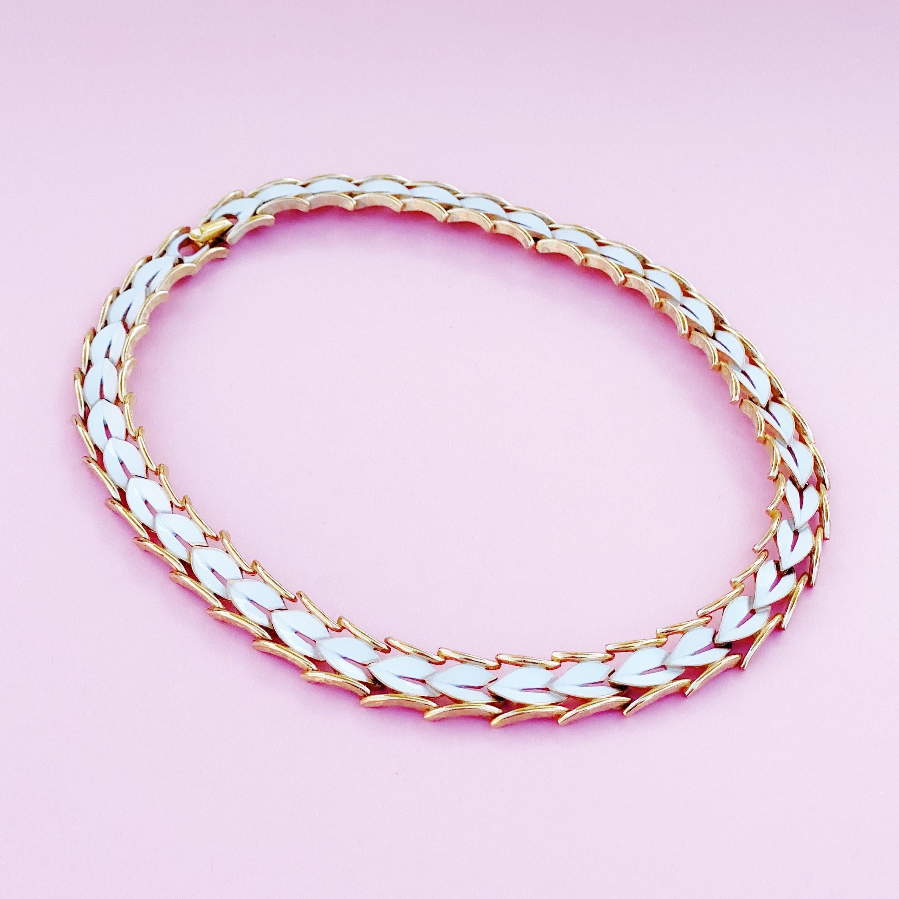 1960s Gilt & White Enamel Linked Leaves Choker Necklace By Crown Trifari 1