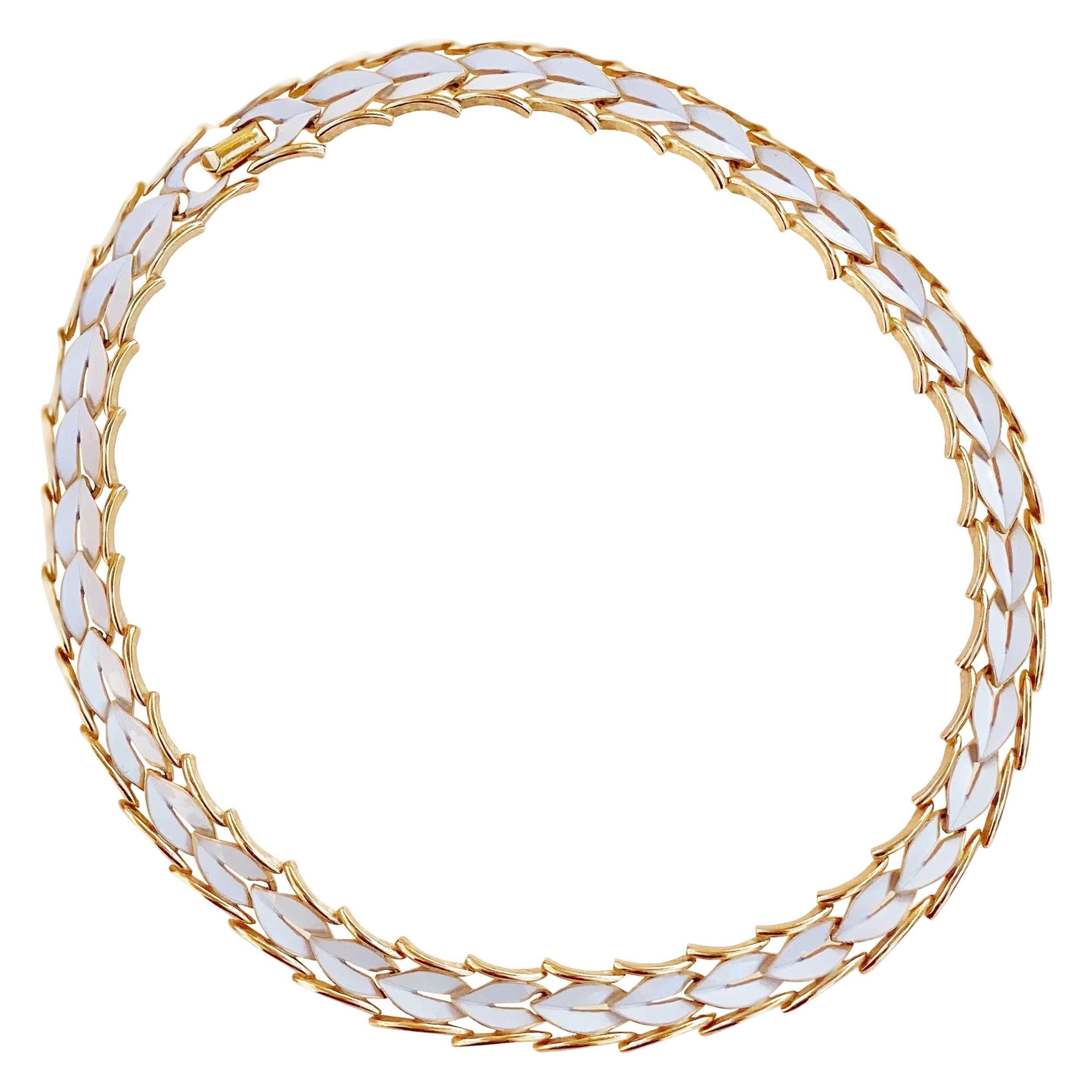 1960s Gilt & White Enamel Linked Leaves Choker Necklace By Crown Trifari