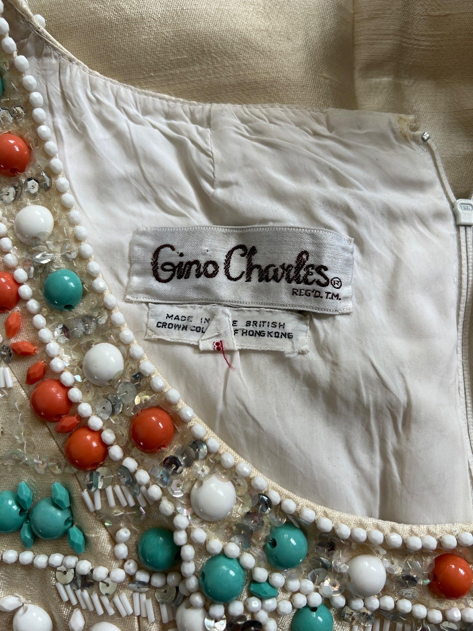 1960er Jahre Gino Charles Cremefarbenes Seidenperlenkleid im Angebot 1