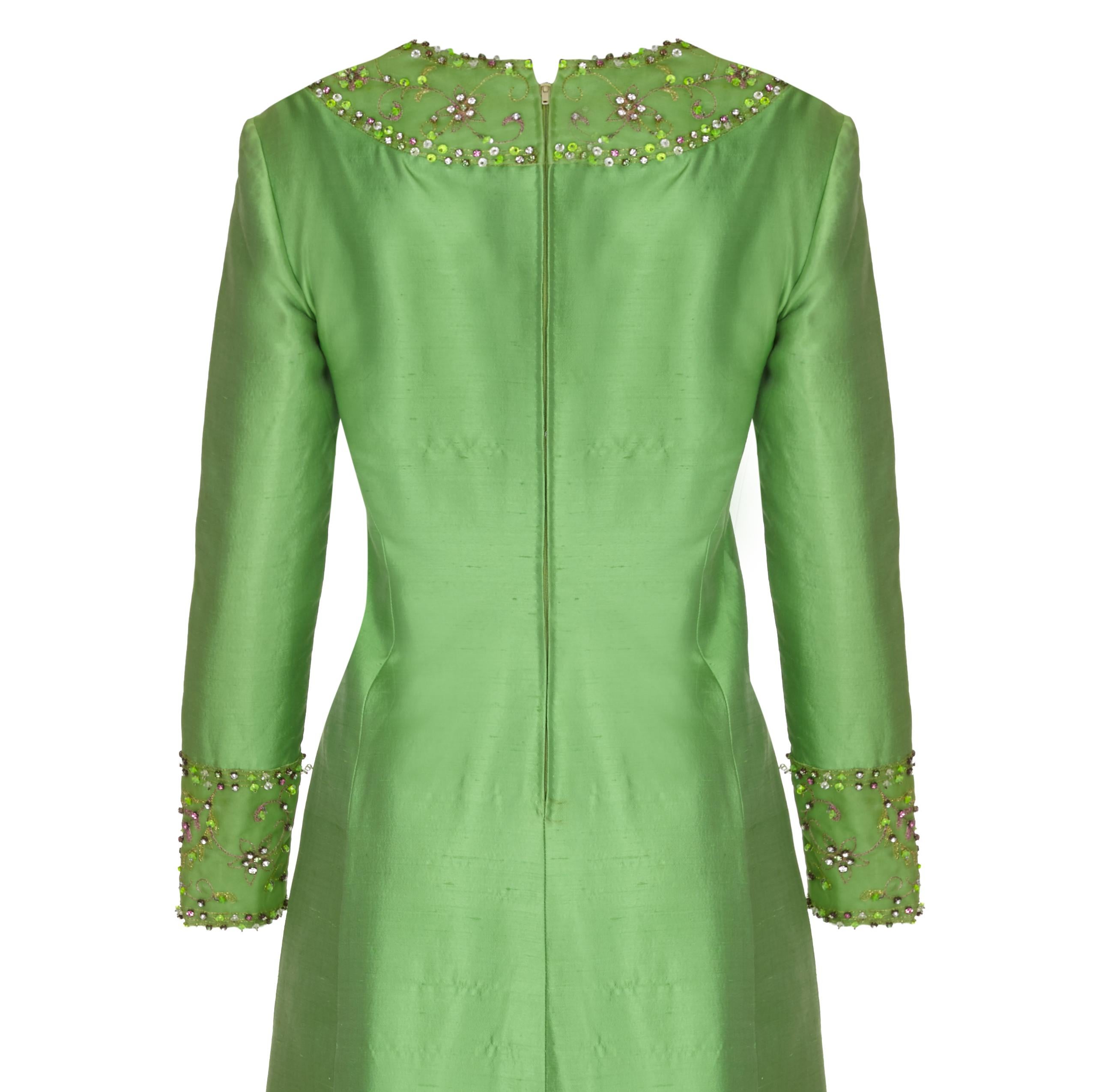 Women's 1960s Gino Charles for Malcolm Starr Green Beaded Collar Dress For Sale