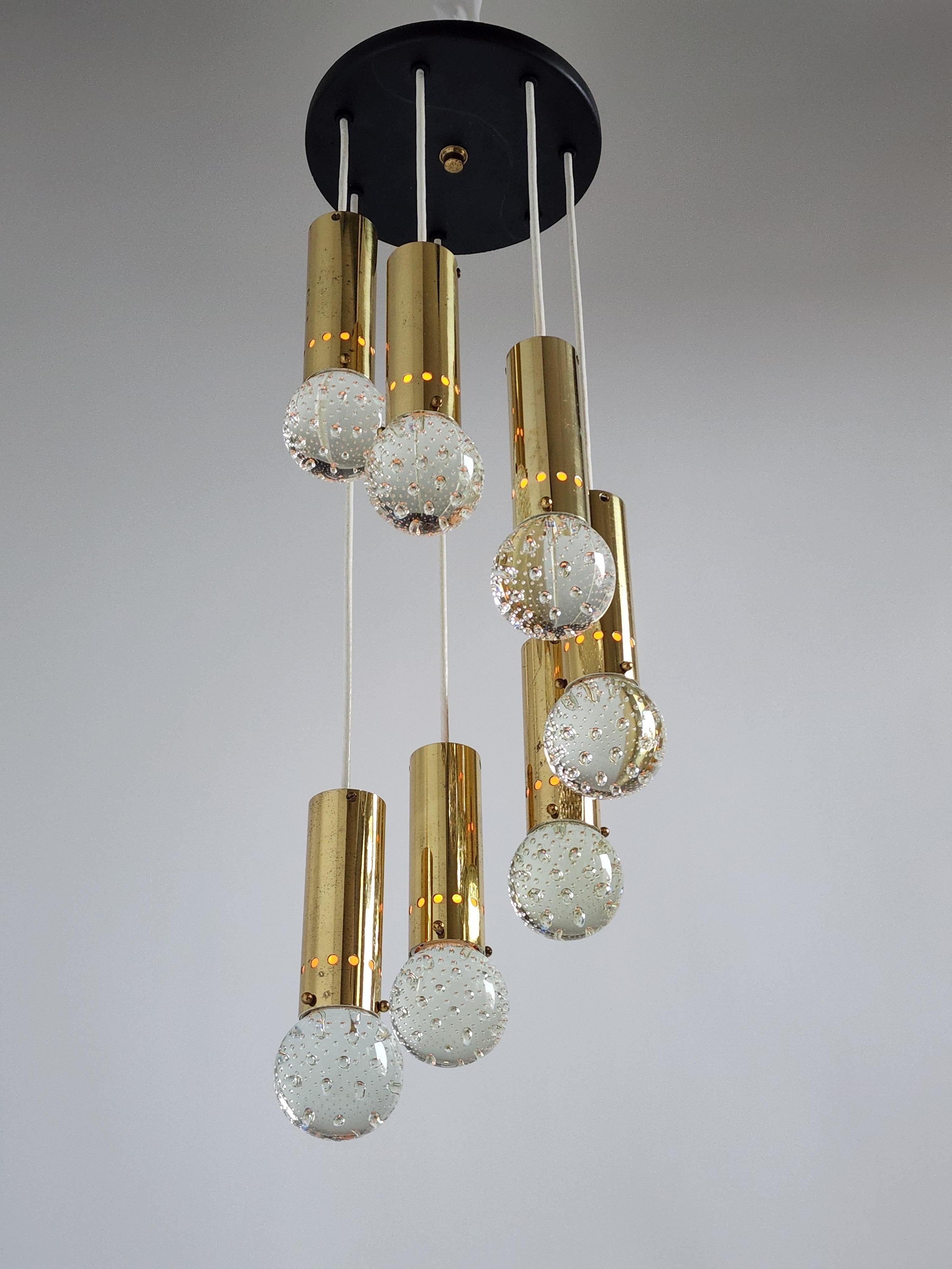 Brass 1960s, Gino Sarfatti, Archimede Seguso 7 Bubble Glass Pendant, Italy