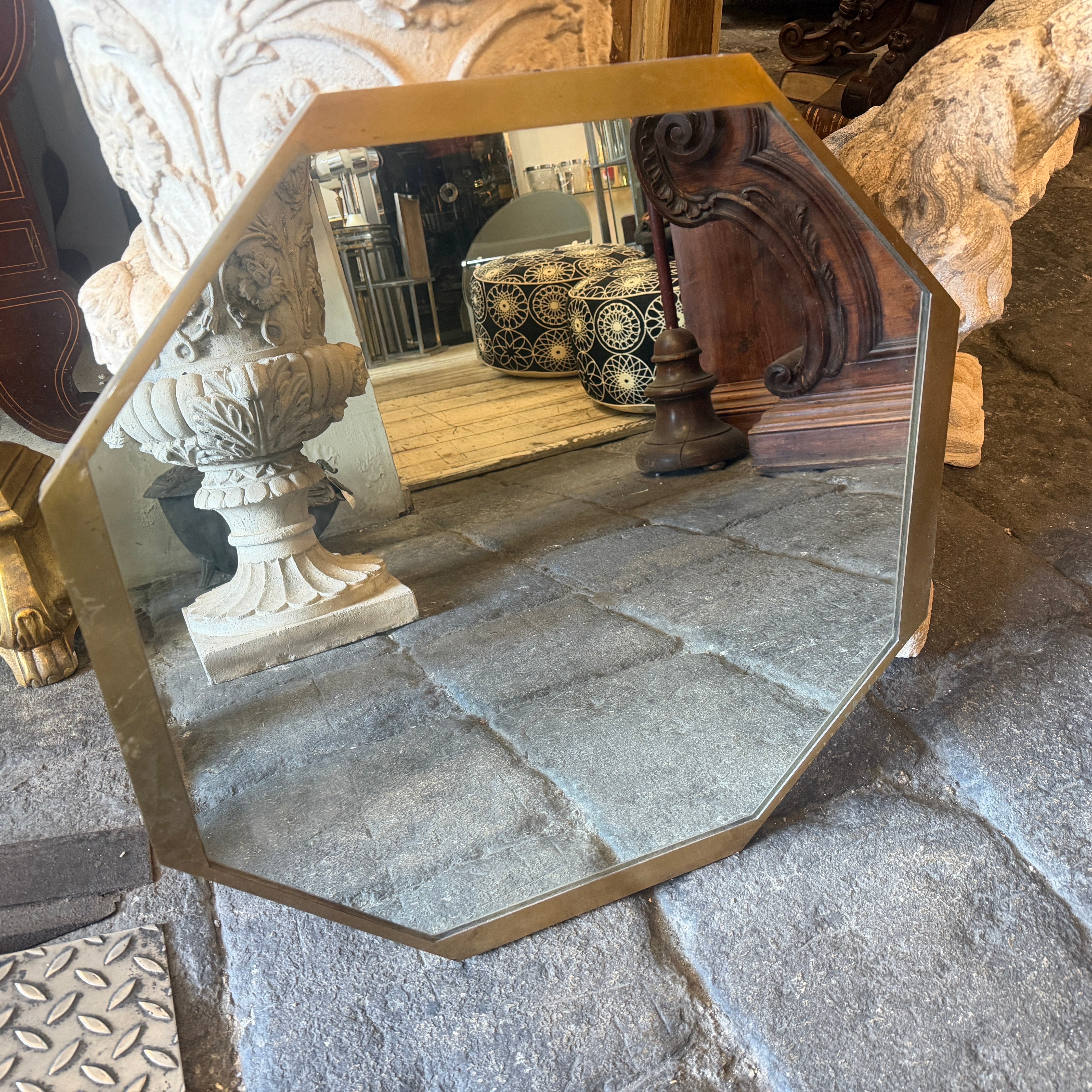 1960s Gio Ponti Style Mid-Century Modern Brass Octagonal Wall Mirror