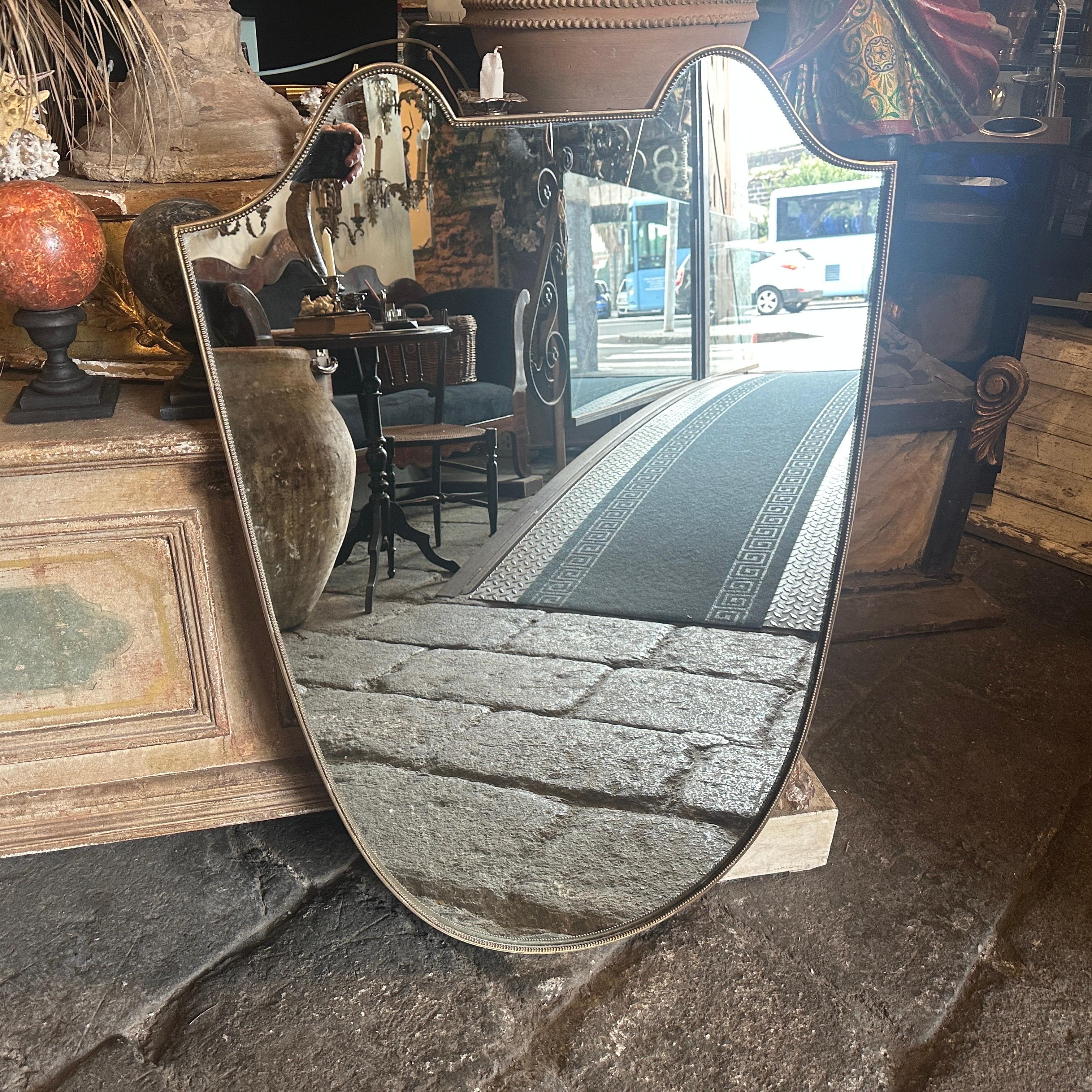 Hand-Crafted 1960s Gio Ponti Style Mid-Century Modern Shield Shaped Italian Big Wall Mirror For Sale