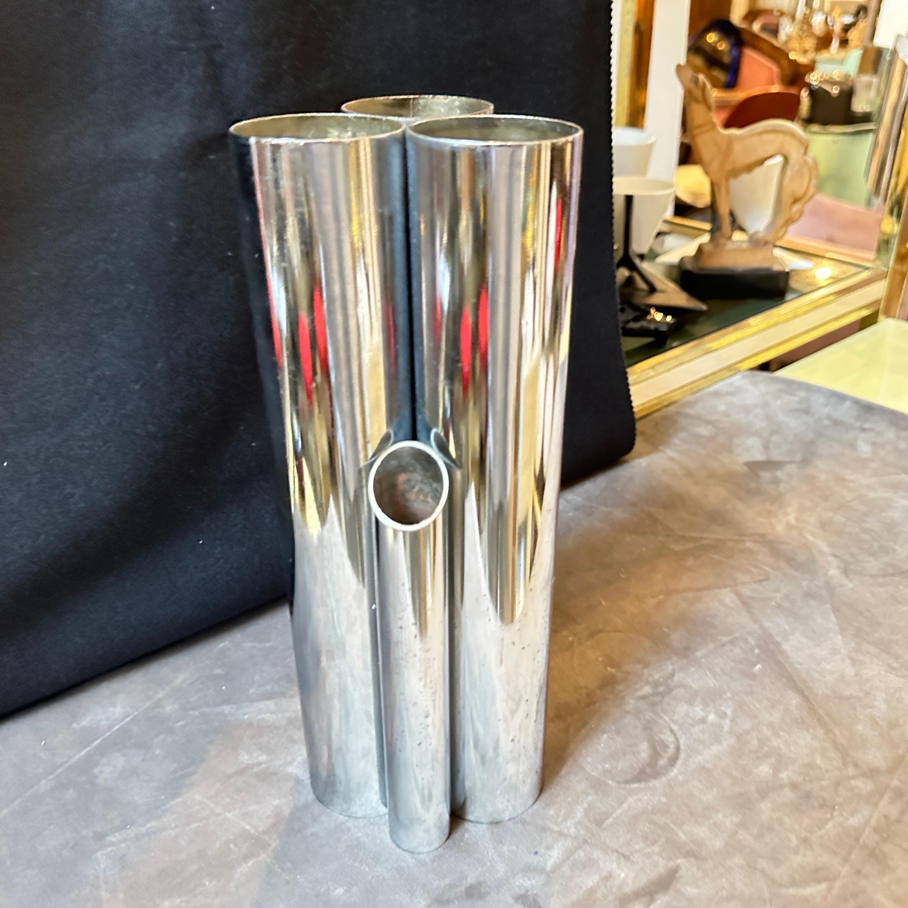 Modern 1960s Gio Ponti Style Minimalist Chromed Metal Multiple Cylinder Vase For Sale