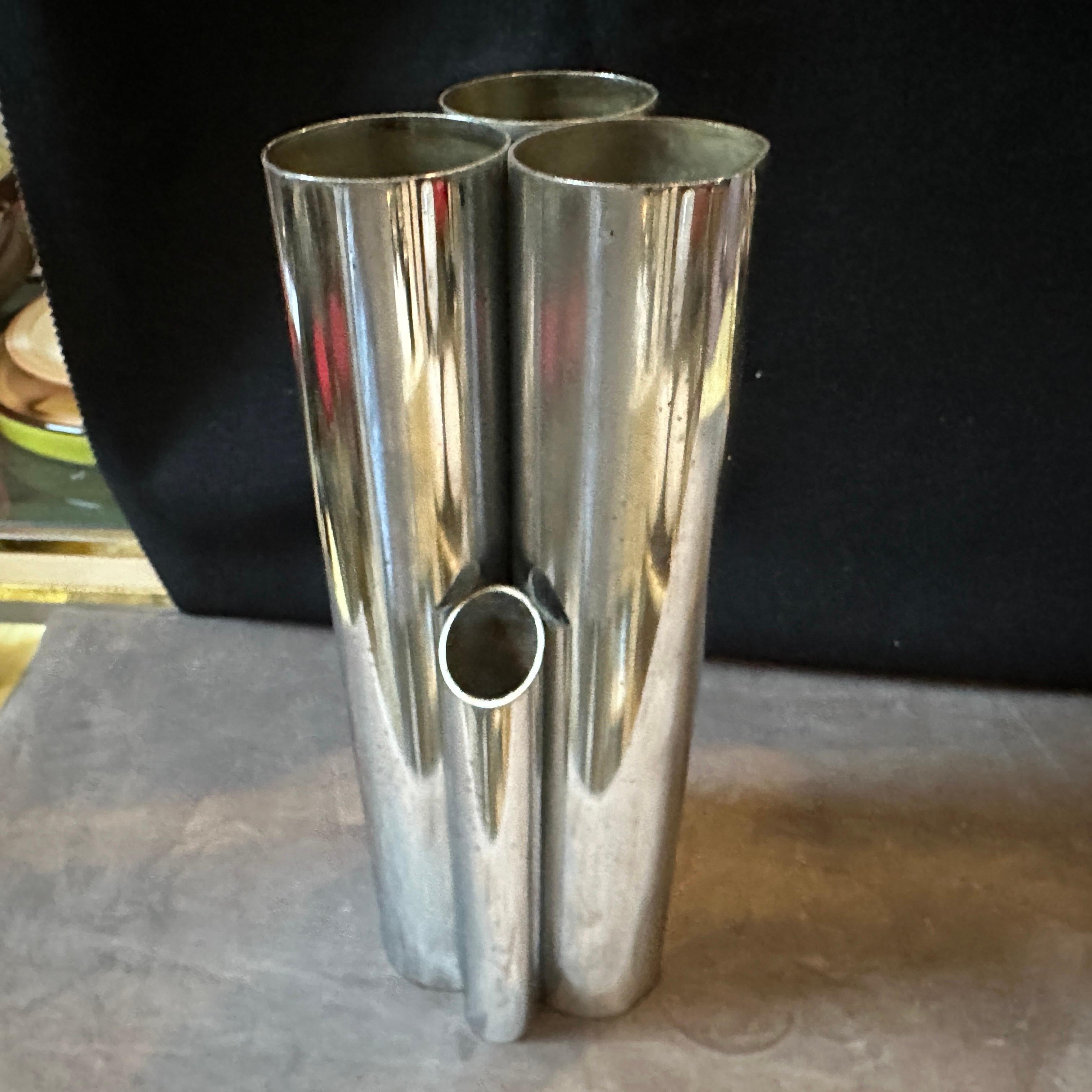 1960s Gio Ponti Style Minimalist Chromed Metal Multiple Cylinder Vase For Sale 1