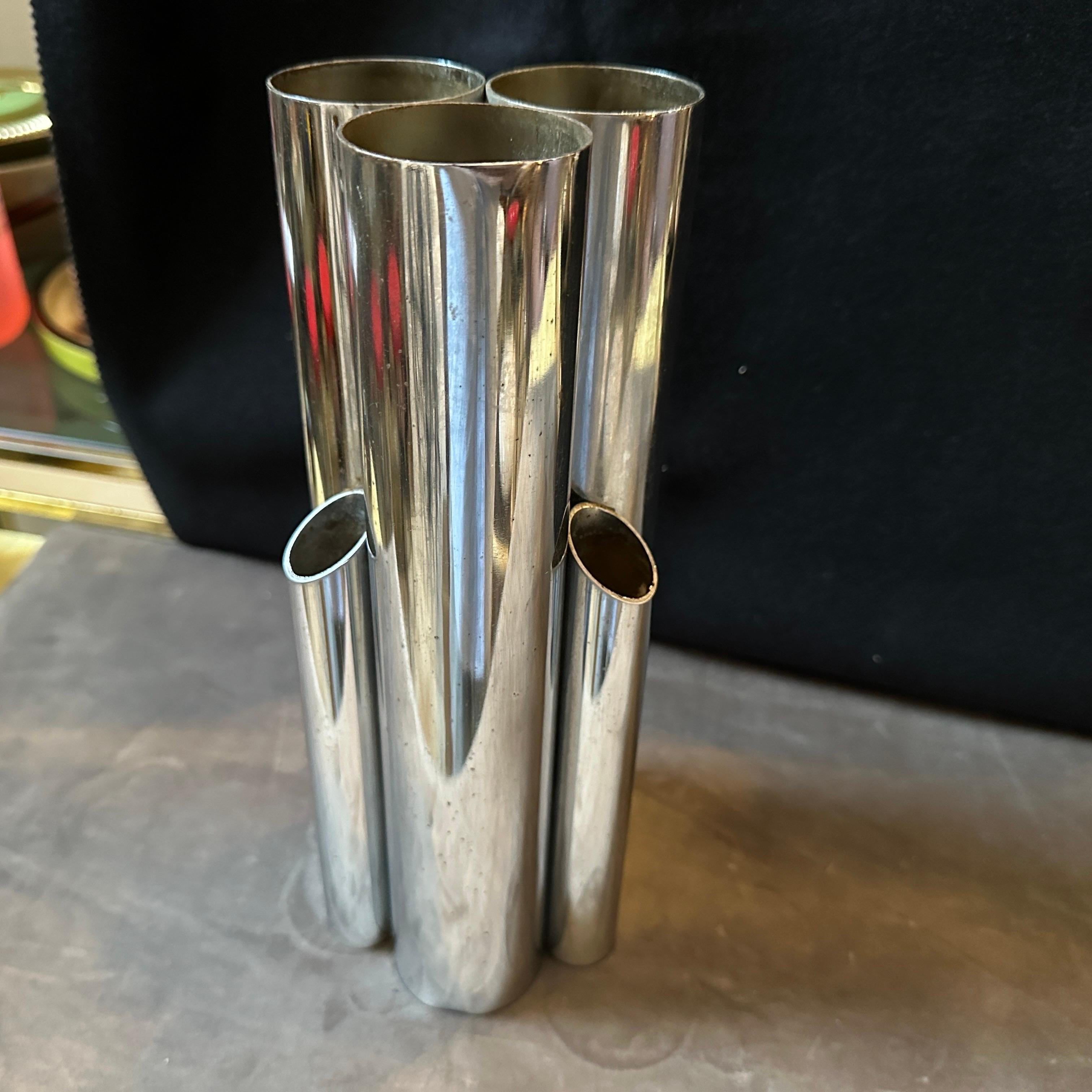 1960s Gio Ponti Style Minimalist Chromed Metal Multiple Cylinder Vase For Sale 2