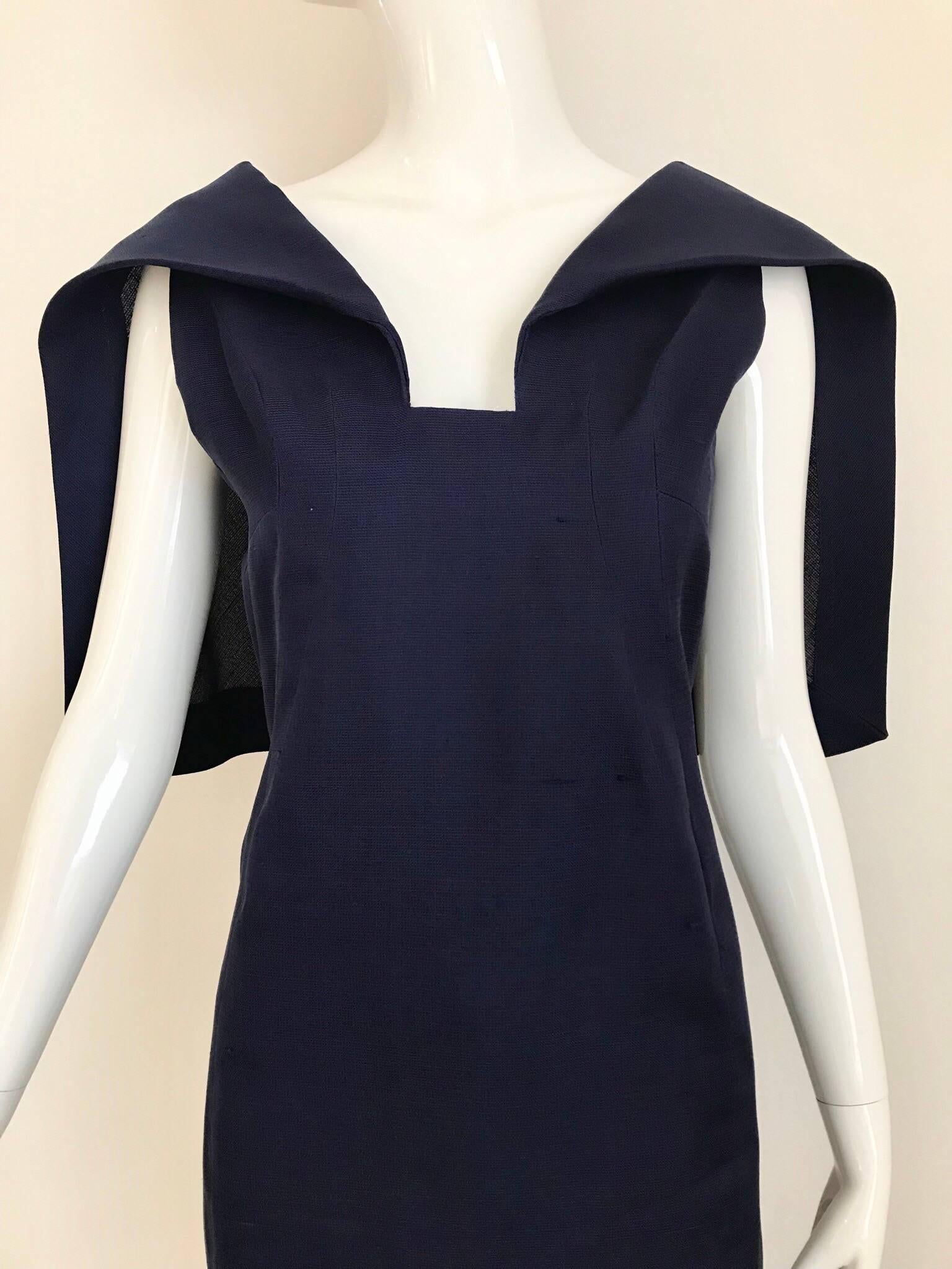 Timeless 1960s Vintage Givenchy Blue Silk Dress designed by Hubert de Givenchy. Sleeveless and large collar at the back.  Fit best size: Small 2 or 4
Bust: 32 inches/ Waist: 28 inches/ Hip: 36 inches/ 