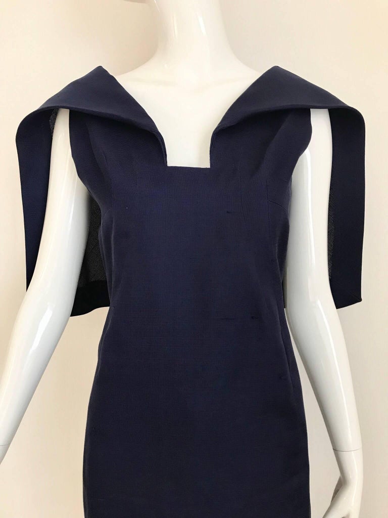Timeless 1960s Vintage Givenchy Blue Silk Dress designed by Hubert de Givenchy. Sleeveless and large collar at the back. Fit best size: Small 2 or 4
Bust: 32 inches/ Waist: 28 inches/ Hip: 36 inches/