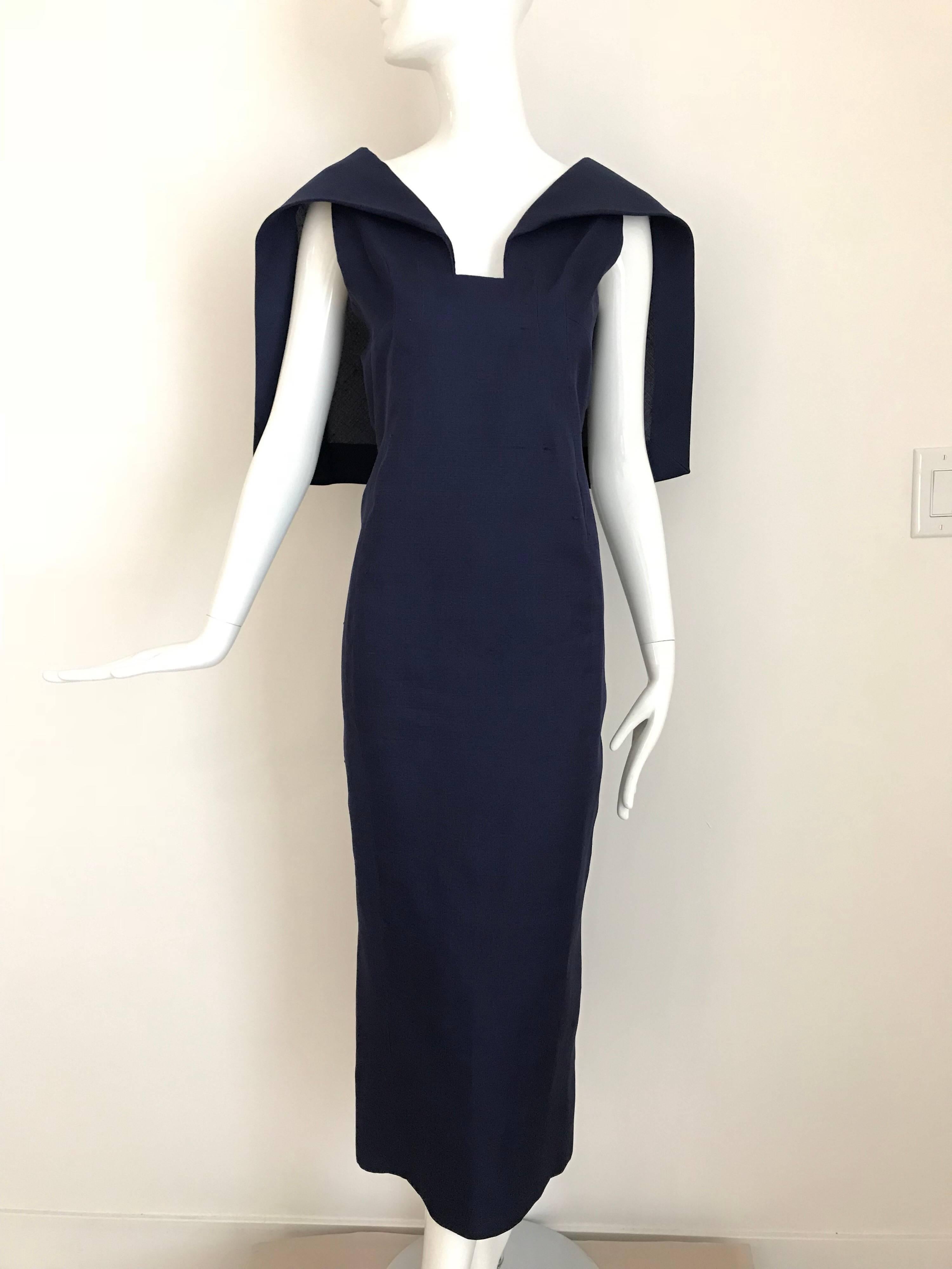 1960s Givenchy Couture Silk Organza Blue Sheath Cocktail Dress For Sale 1