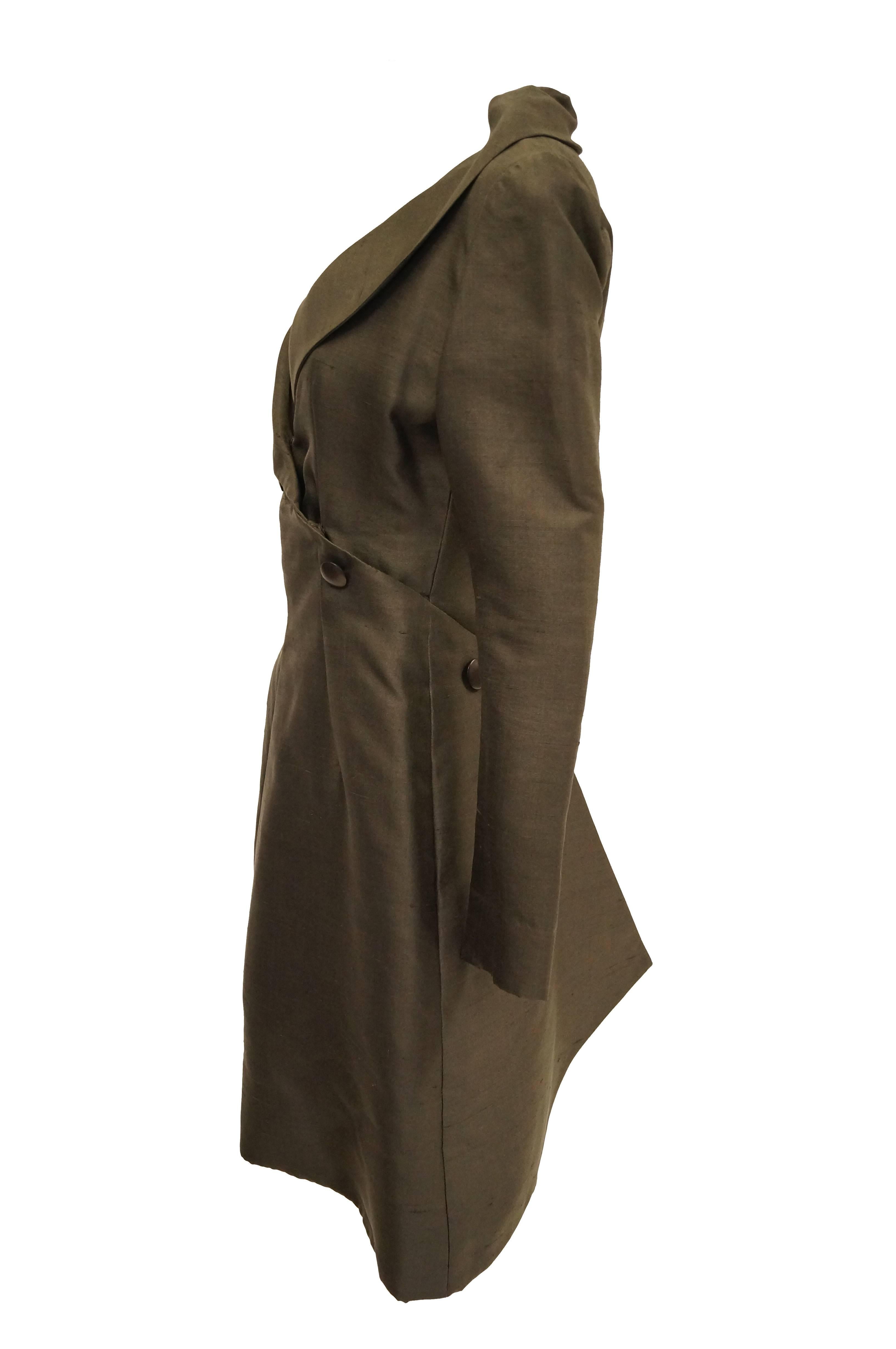 Brown Givenchy Grey Umber Raw Silk Wrap Dress, 1960s 