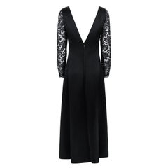 1960s Givenchy Haute Couture Black Satin Lace Sleeve A-Line Gown