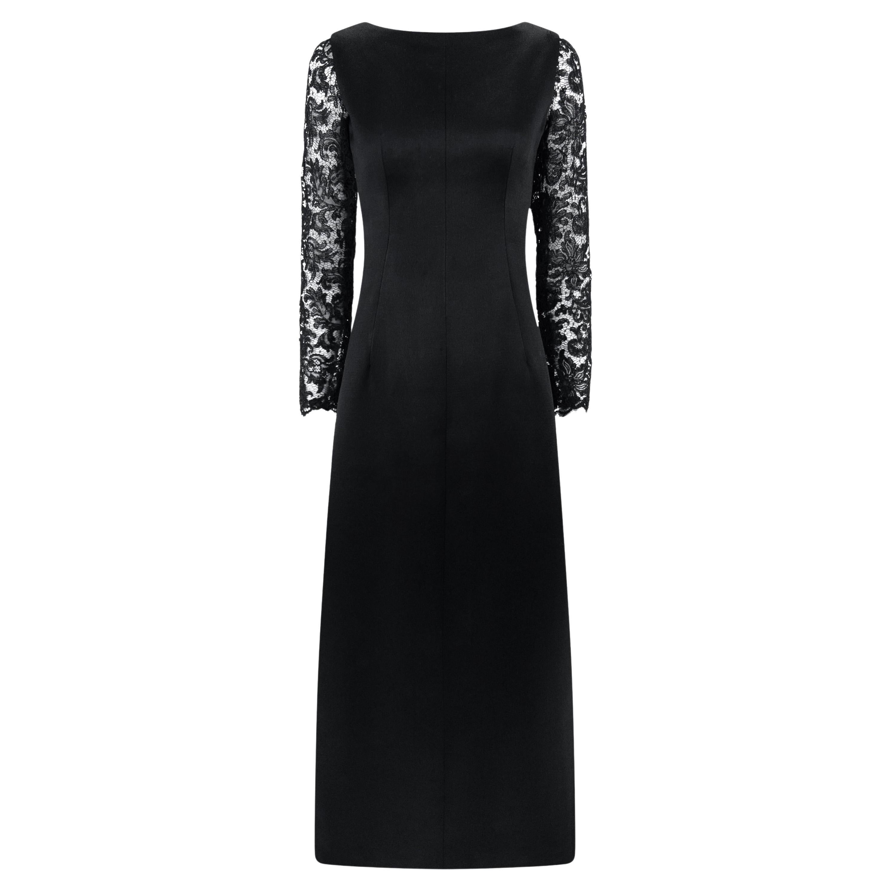 1960s Givenchy Haute Couture Black Satin Lace Sleeve A-Line Gown im Angebot