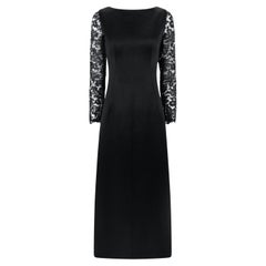 1960s Givenchy Haute Couture Black Satin Lace Sleeve A-Line Gown