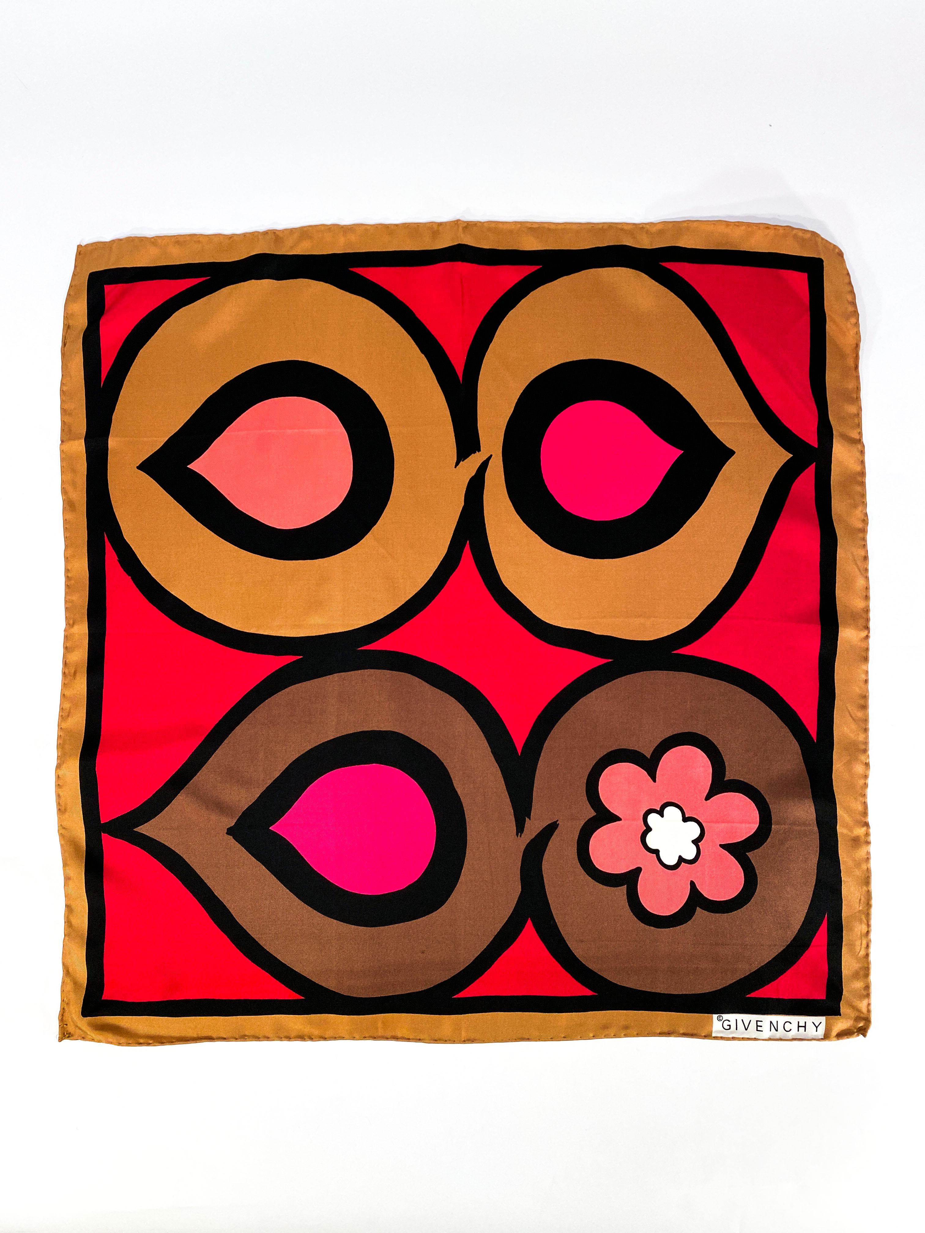 1960s Givenchy silk scarf featuring a color blocking mod print in mustard, brown, facia, and several shades of pink. The edges are hand-rolled and the illustration is outlined in a bold black stoke. 