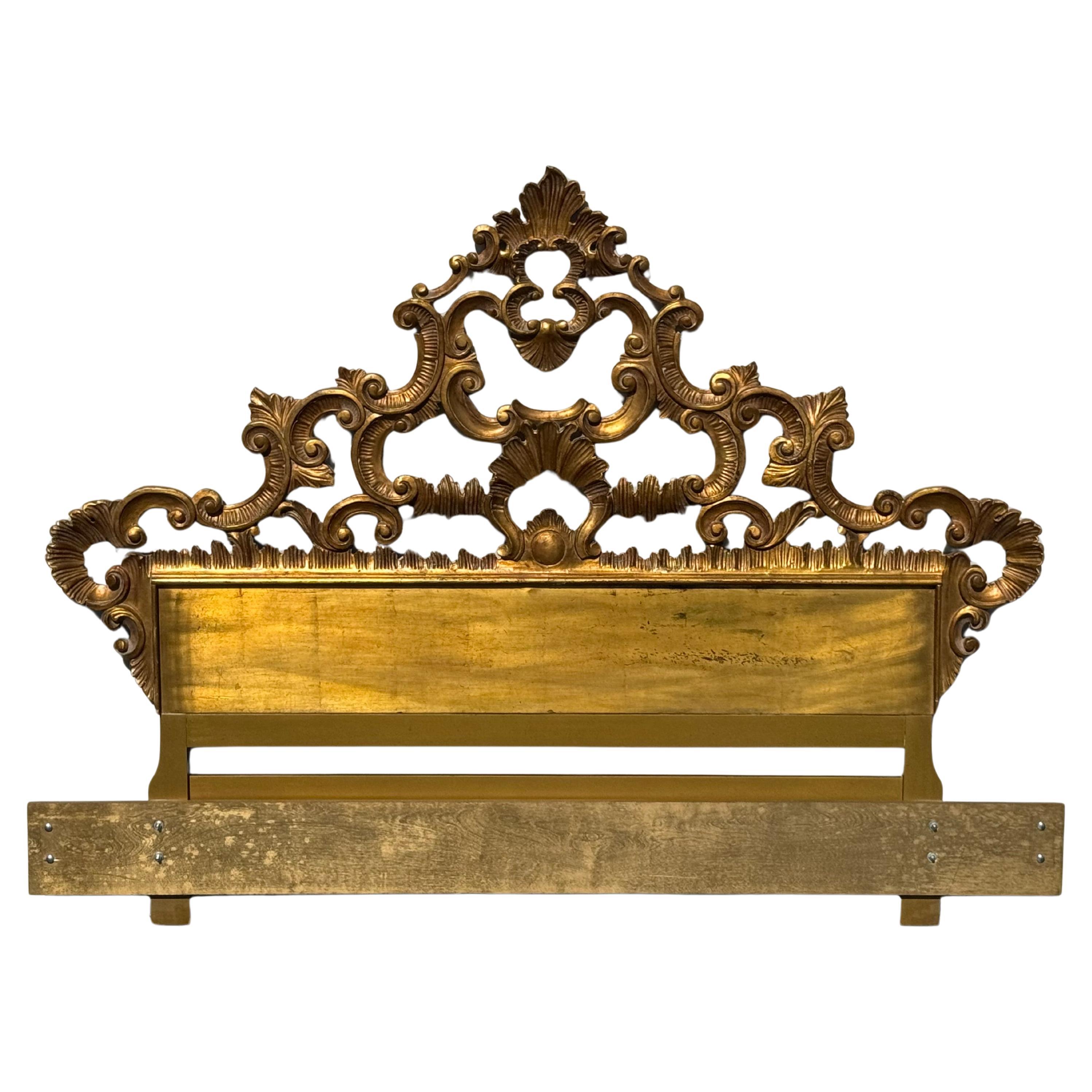 1960s Glamorous Rococo Style Italian Gold Gilt Wood King / Queen Headboard