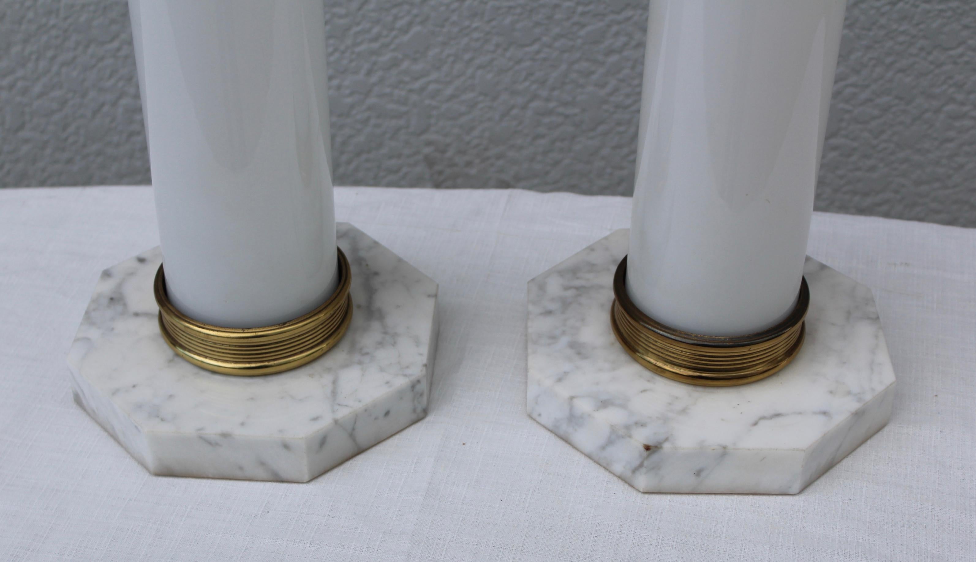1960's Glass and Brass with Marble Base Italian Table Lamps In Good Condition For Sale In New York, NY