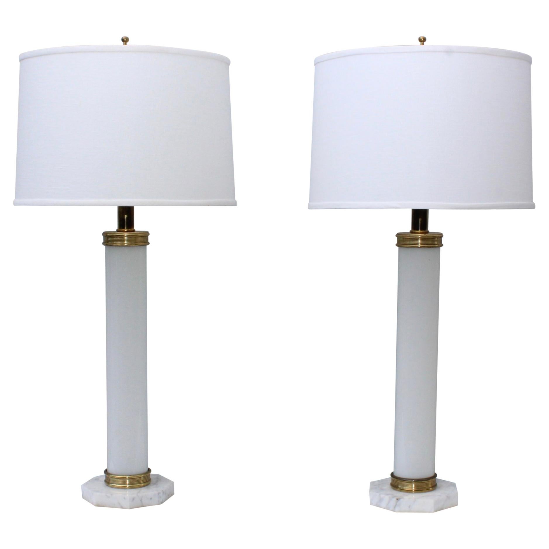1960's Glass and Brass with Marble Base Italian Table Lamps