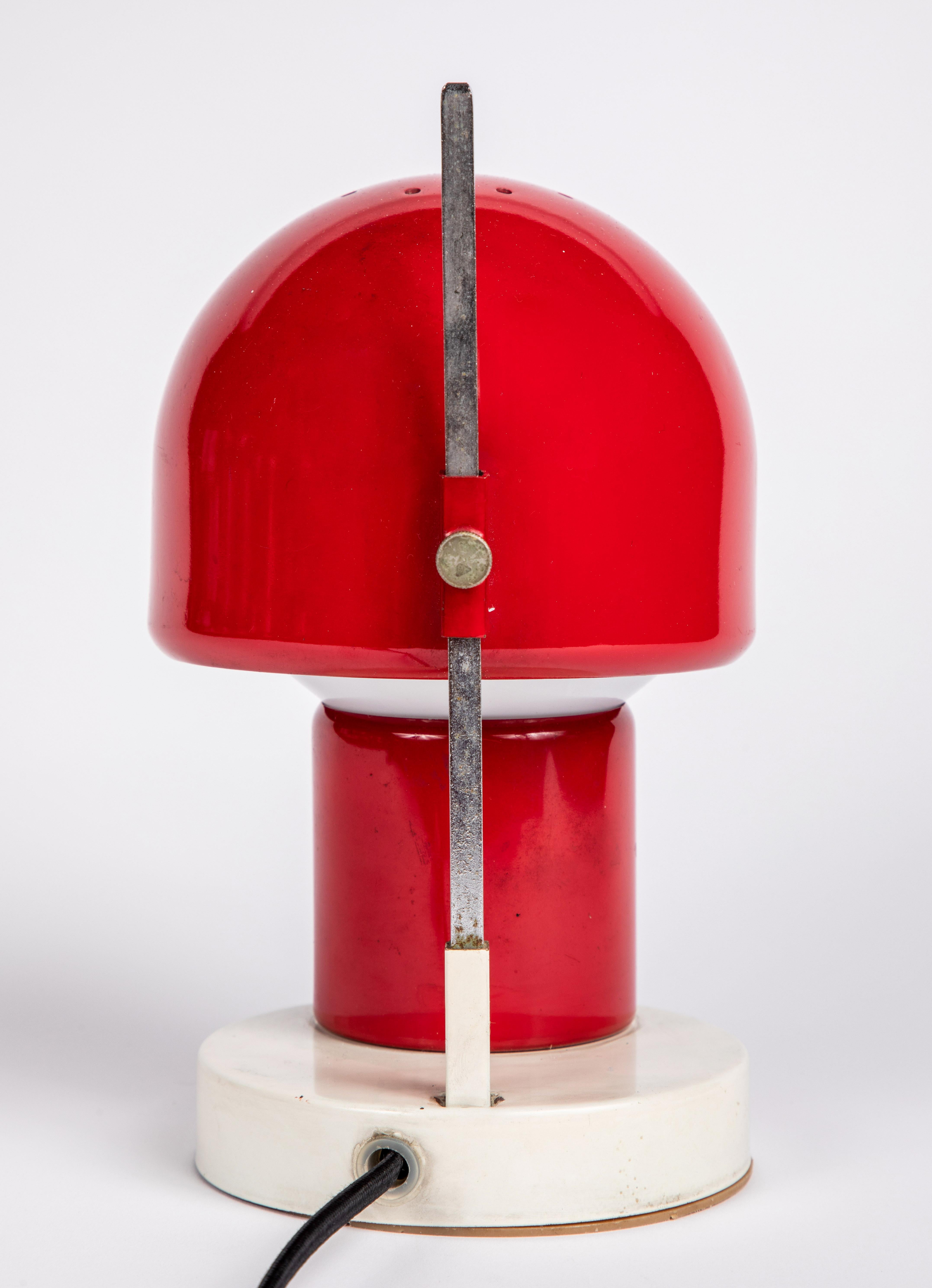 Painted 1960s Glass and Red Metal Table Lamp Attributed to Angelo Lelli for Arredoluce
