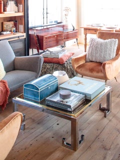 1960s Glass Coffee Table with Chrome and Brass Greek Key Design