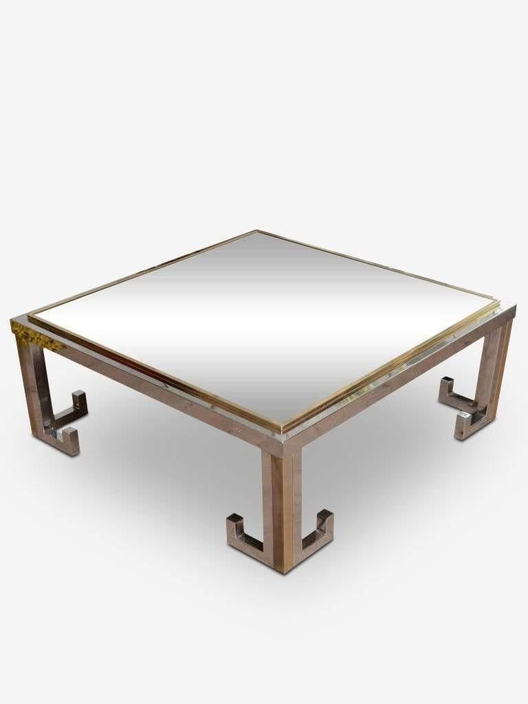 1960s Glass Coffee Table with Chrome and Brass Greek Key Design In Good Condition For Sale In Sag Harbor, NY