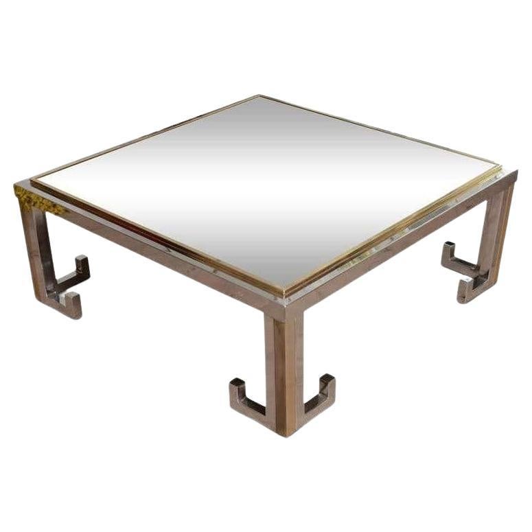 1960s Glass Coffee Table with Chrome and Brass Greek Key Design For Sale