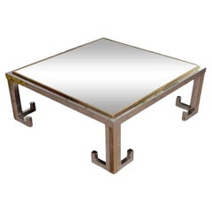 1960s Glass Coffee Table with Chrome and Brass Greek Key Design