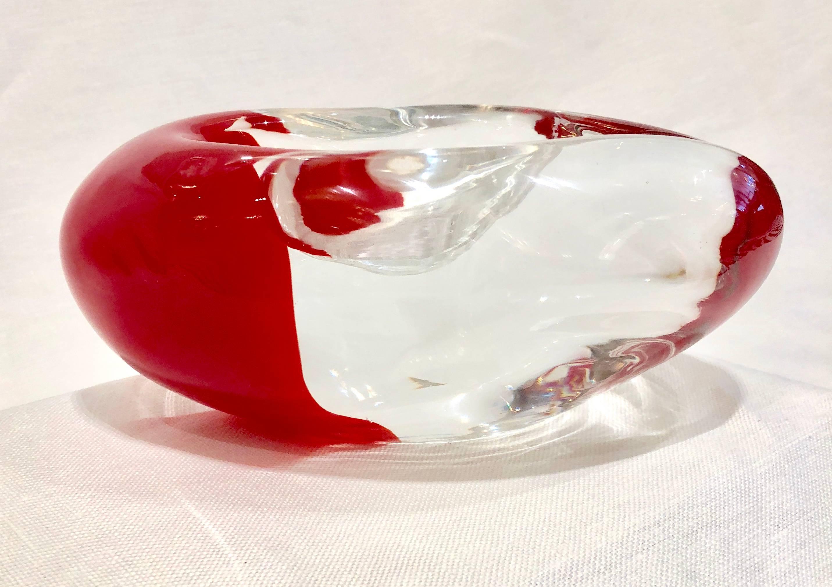 Beautiful solid two-tone vide poche in vibrant red and clear Murano glass.